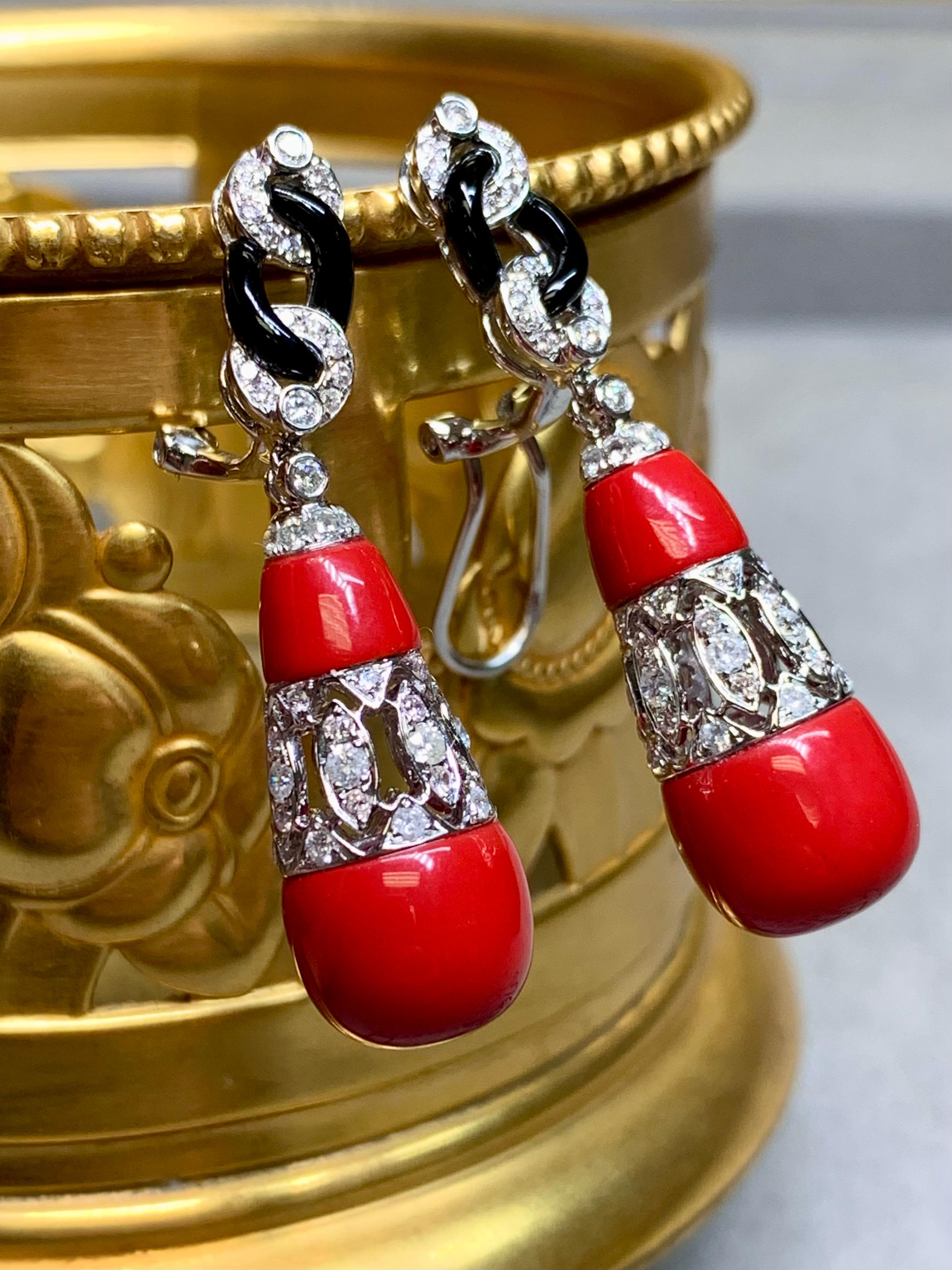 Art Deco Estate Deco 18K Red Coral Onyx Link Diamond Drop Dangle Omega Back Earrings For Sale