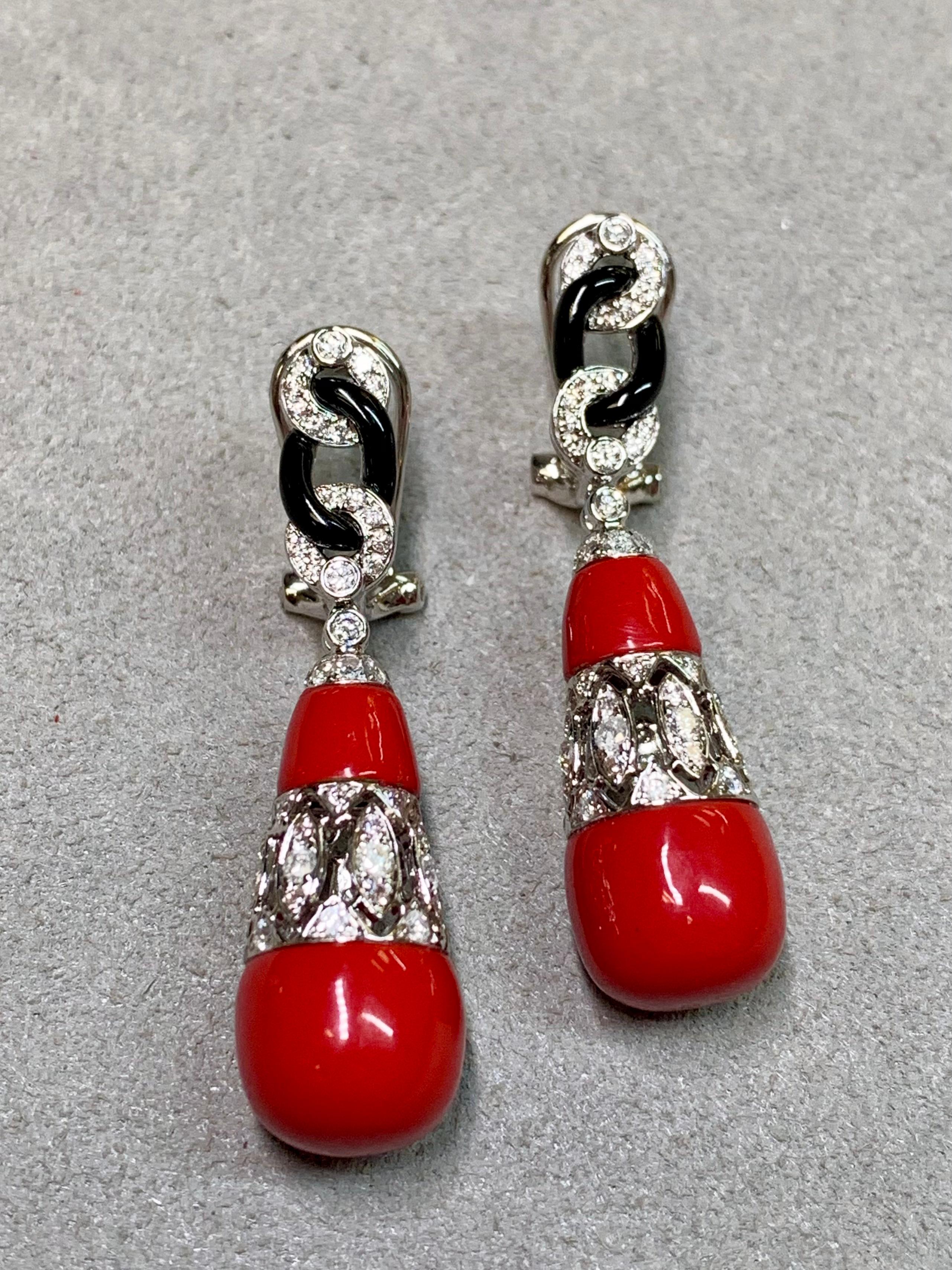 Round Cut Estate Deco 18K Red Coral Onyx Link Diamond Drop Dangle Omega Back Earrings For Sale