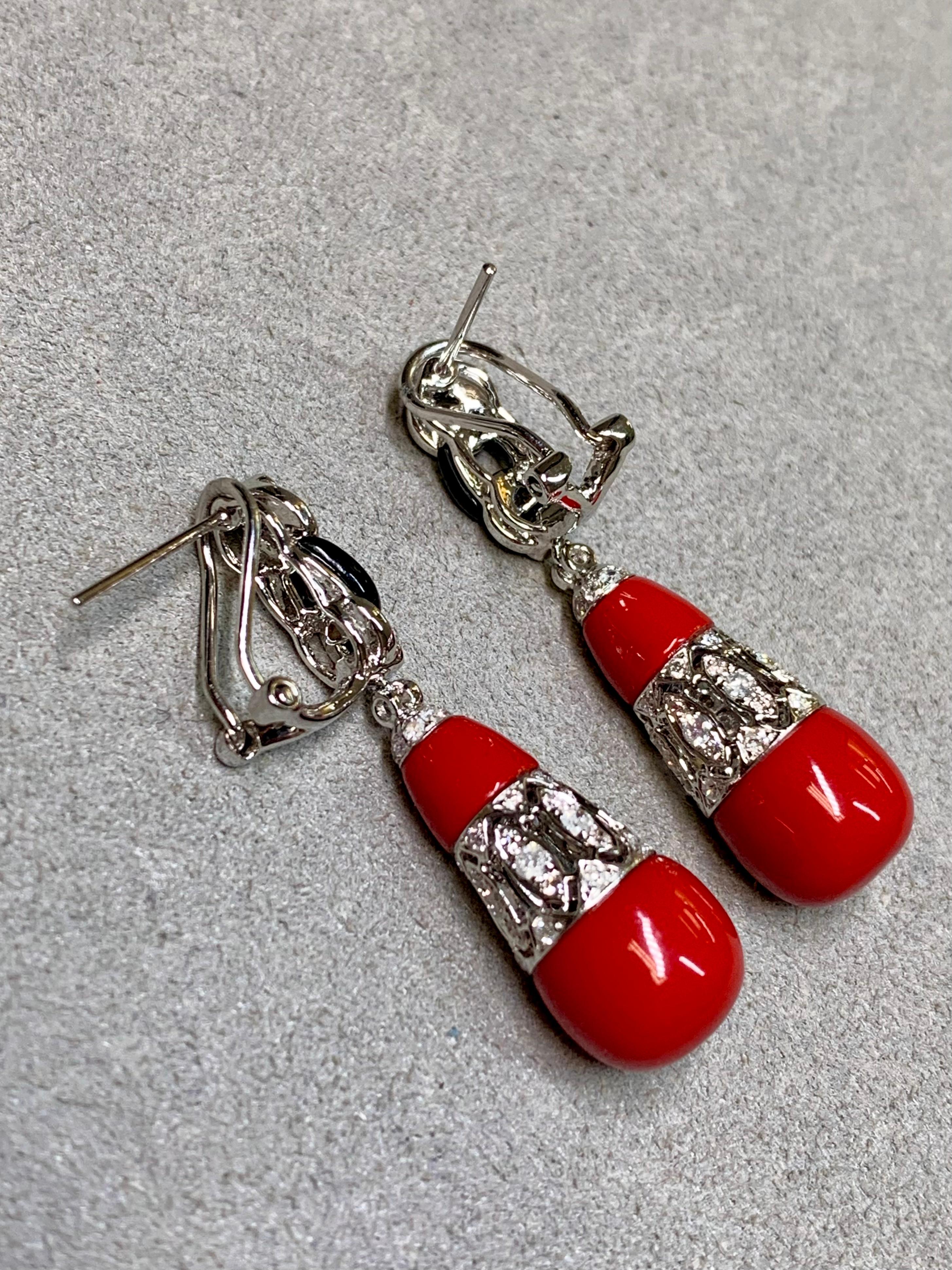 Women's or Men's Estate Deco 18K Red Coral Onyx Link Diamond Drop Dangle Omega Back Earrings For Sale