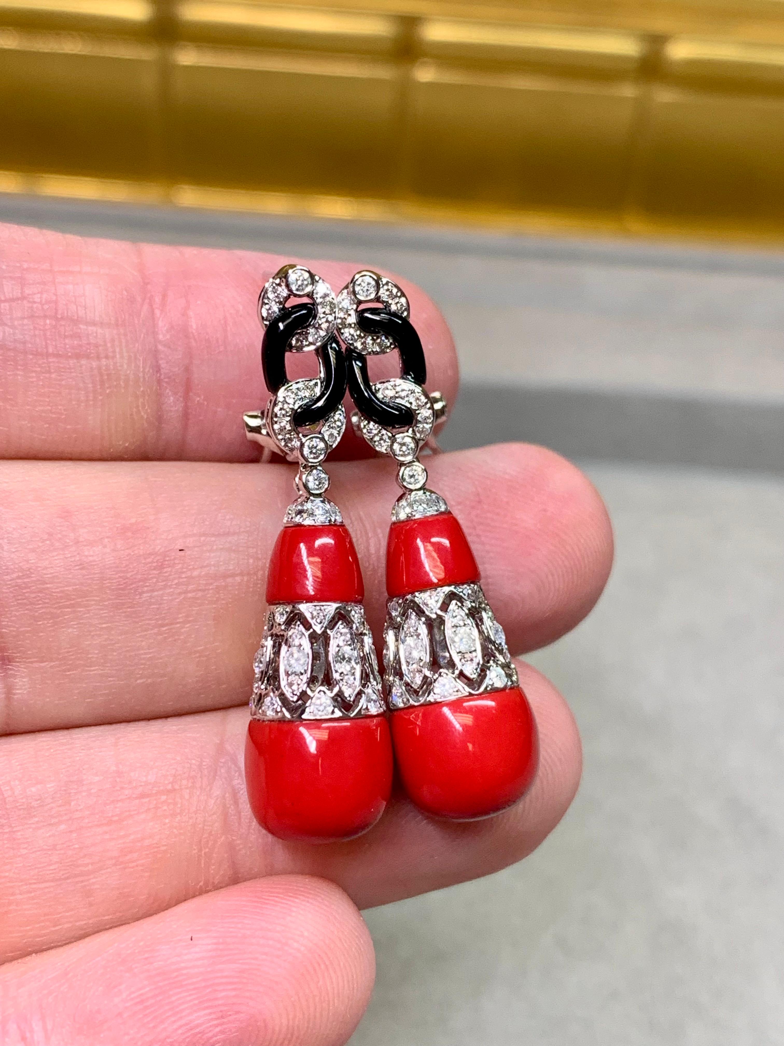 Estate Deco 18K Red Coral Onyx Link Diamond Drop Dangle Omega Back Earrings For Sale 1