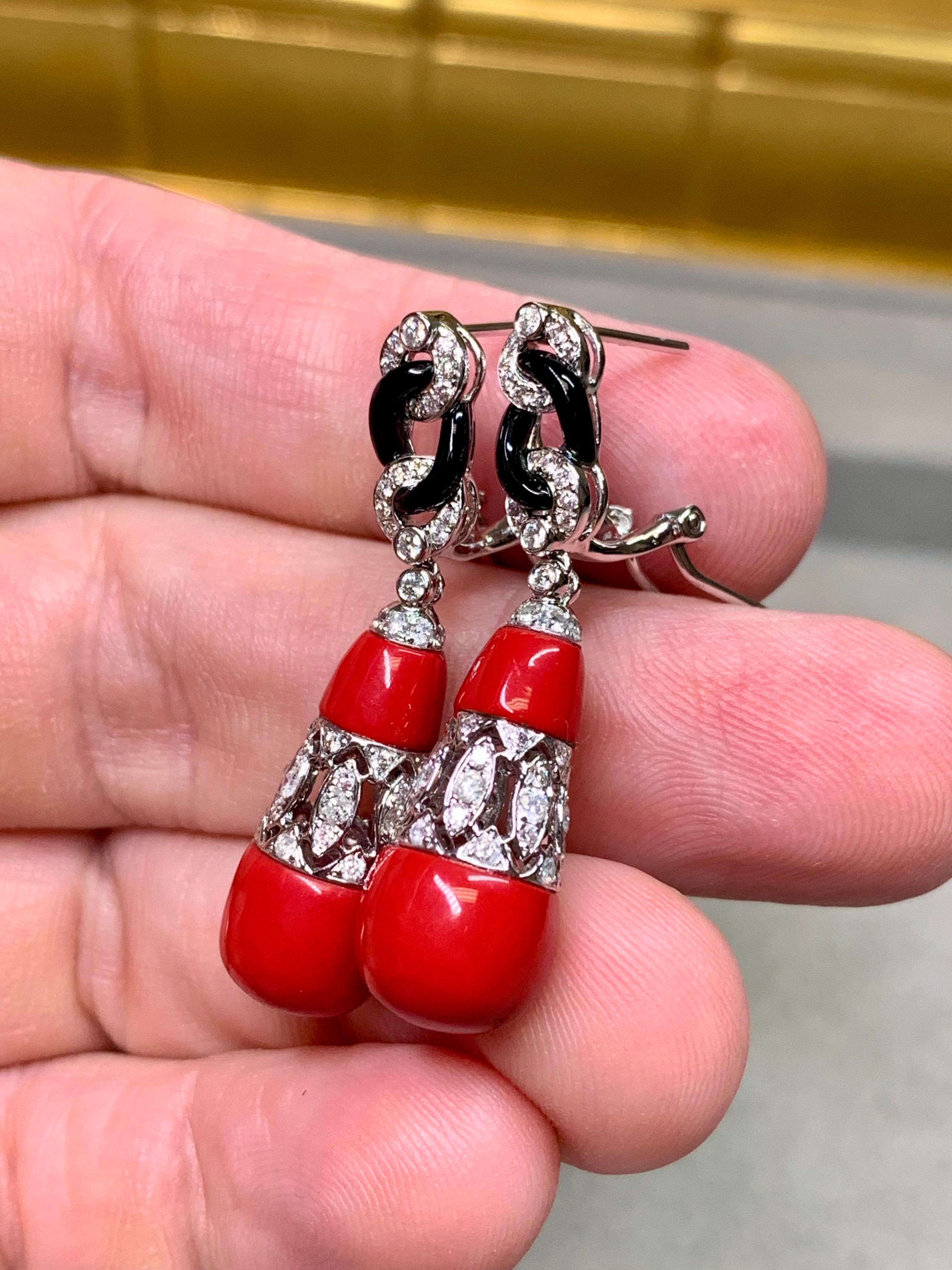 Estate Deco 18K Red Coral Onyx Link Diamond Drop Dangle Omega Back Earrings For Sale 2