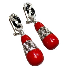 Estate Deco 18K Red Coral Onyx Link Diamond Drop Dangle Omega Back Earrings