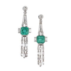 Estate Deco 4 Carat Emerald Diamond Drop Earrings
