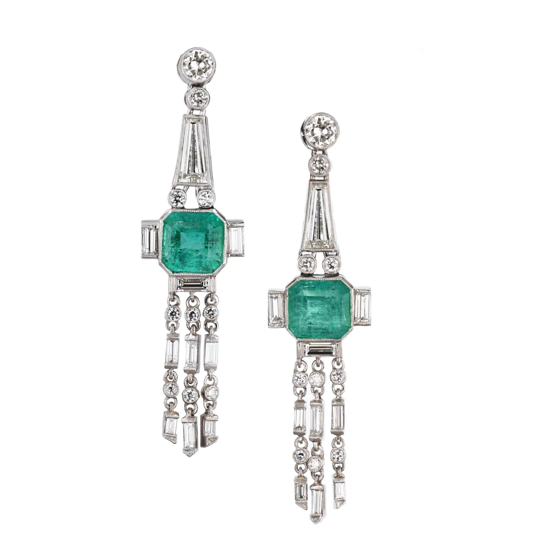 Emerald Cut Estate Deco 4 Carat Emerald Diamond Drop Earrings  For Sale