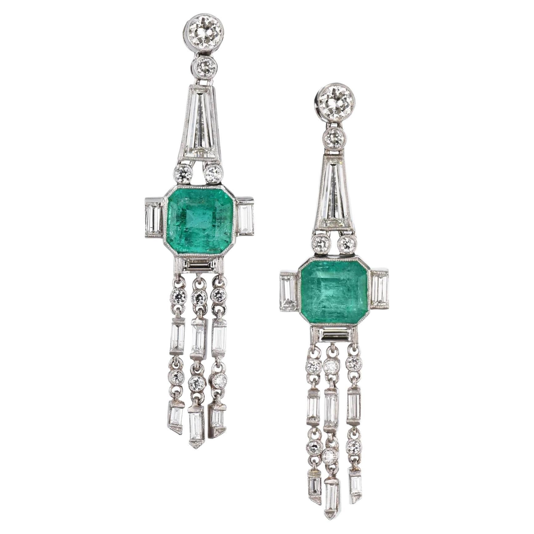 Estate Deco 4 Carat Emerald Diamond Drop Earrings  For Sale