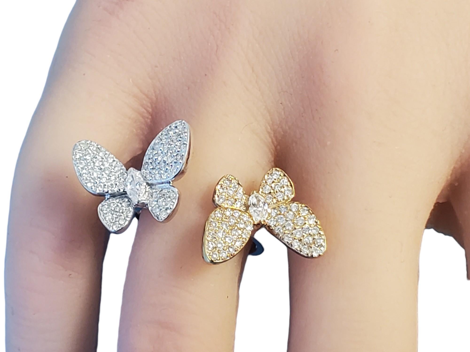 Round Cut Estate Designer 18k Butterfly Diamonds Ring .74tcw VS Diamonds White & Rose Gold For Sale