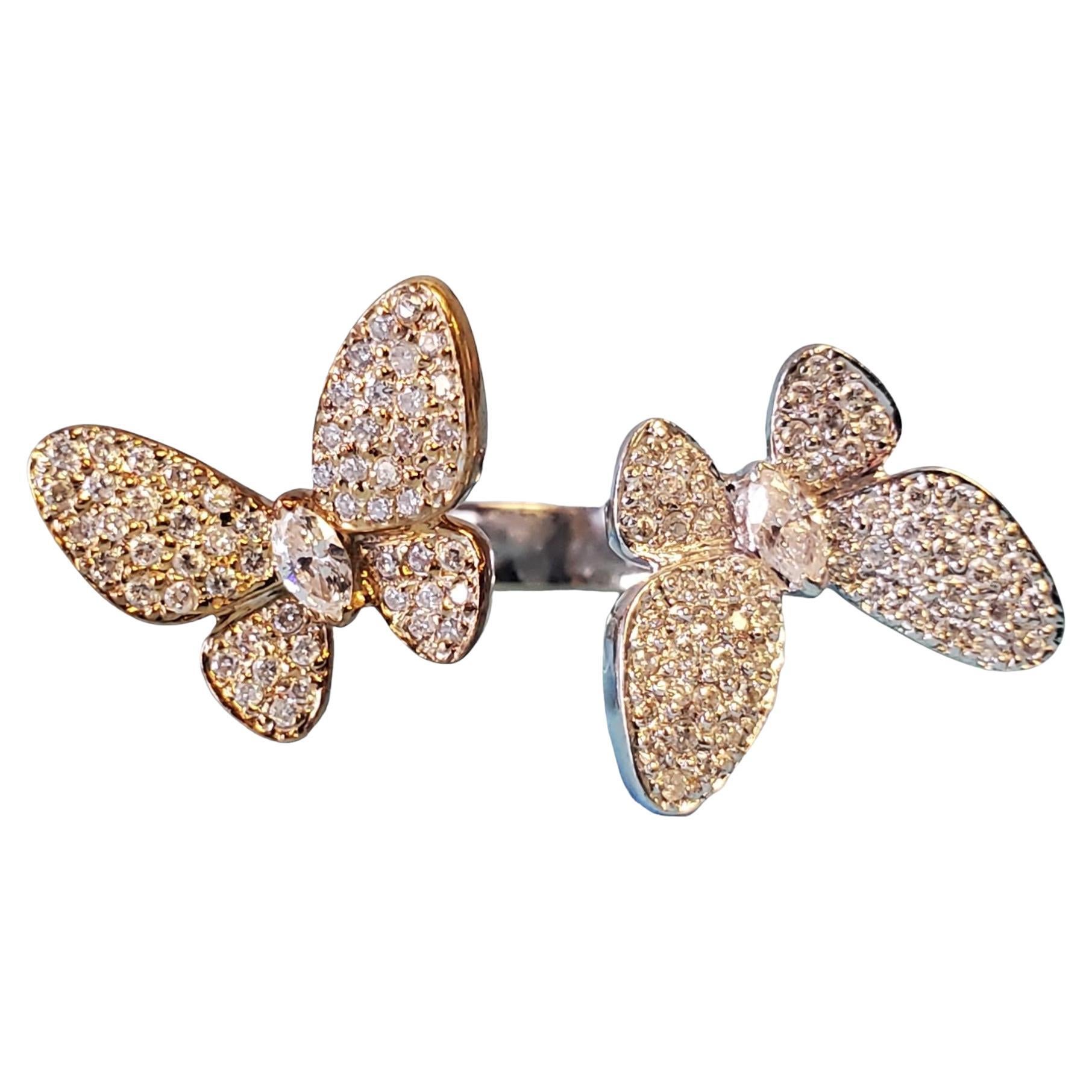 Estate Designer 18k Butterfly Diamonds Ring .74tcw VS Diamonds White & Rose Gold For Sale