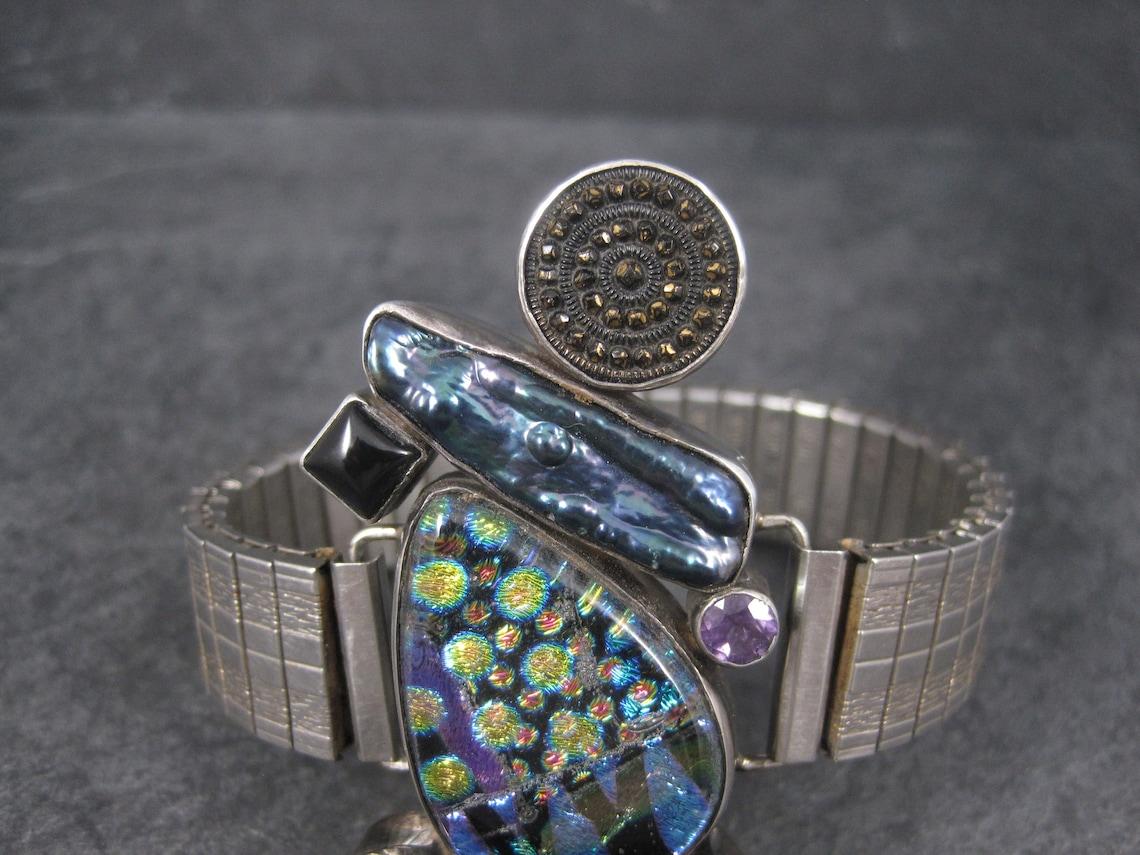 Artisan Estate Designer Art Glass Gemstone Biwa Pearl Bracelet For Sale