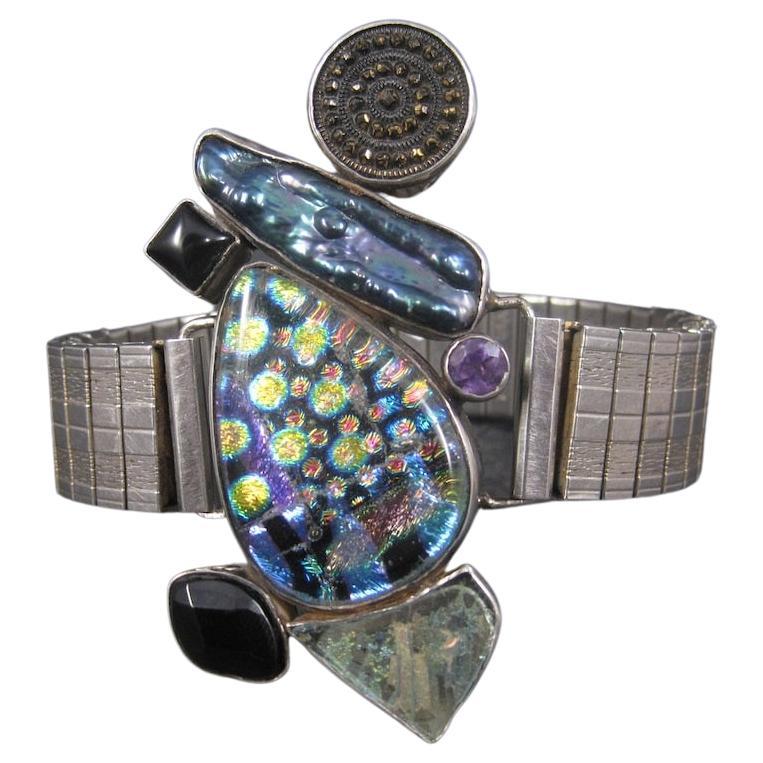 Estate Designer Art Glass Gemstone Biwa Pearl Bracelet