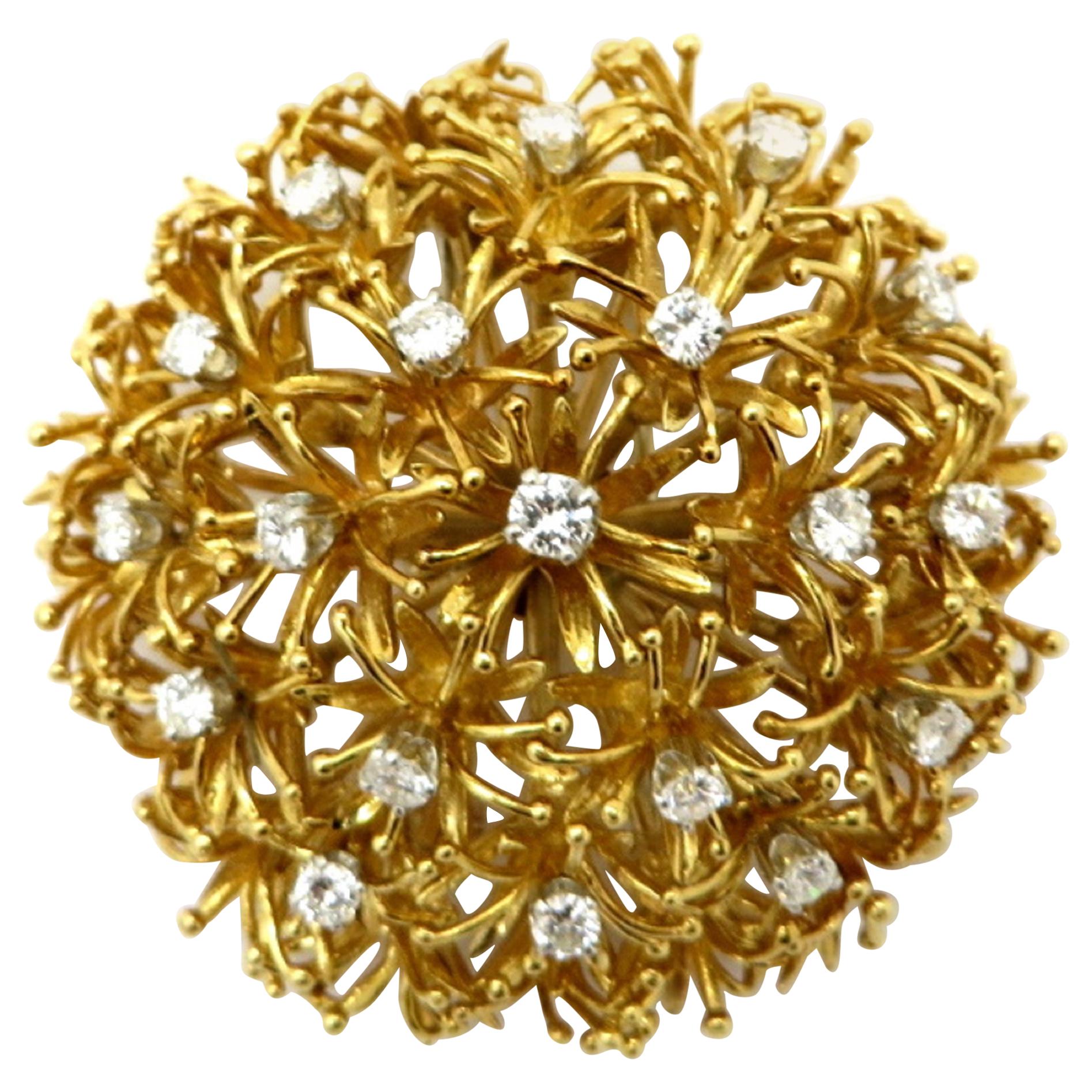 Estate Designer David Webb 18K Yellow Gold and Platinum Dandelion Flower Brooch For Sale