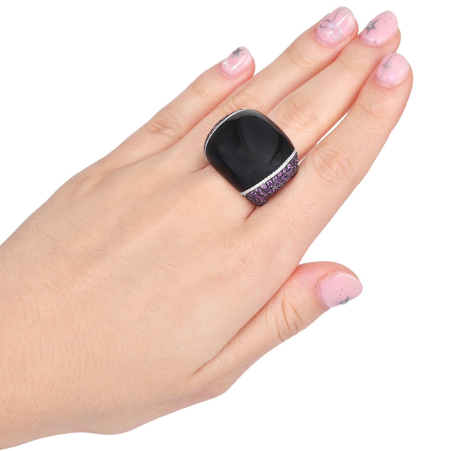 Modern Estate Designer Diamond Onyx Amethyst 18k gold Cocktail Ring For Sale