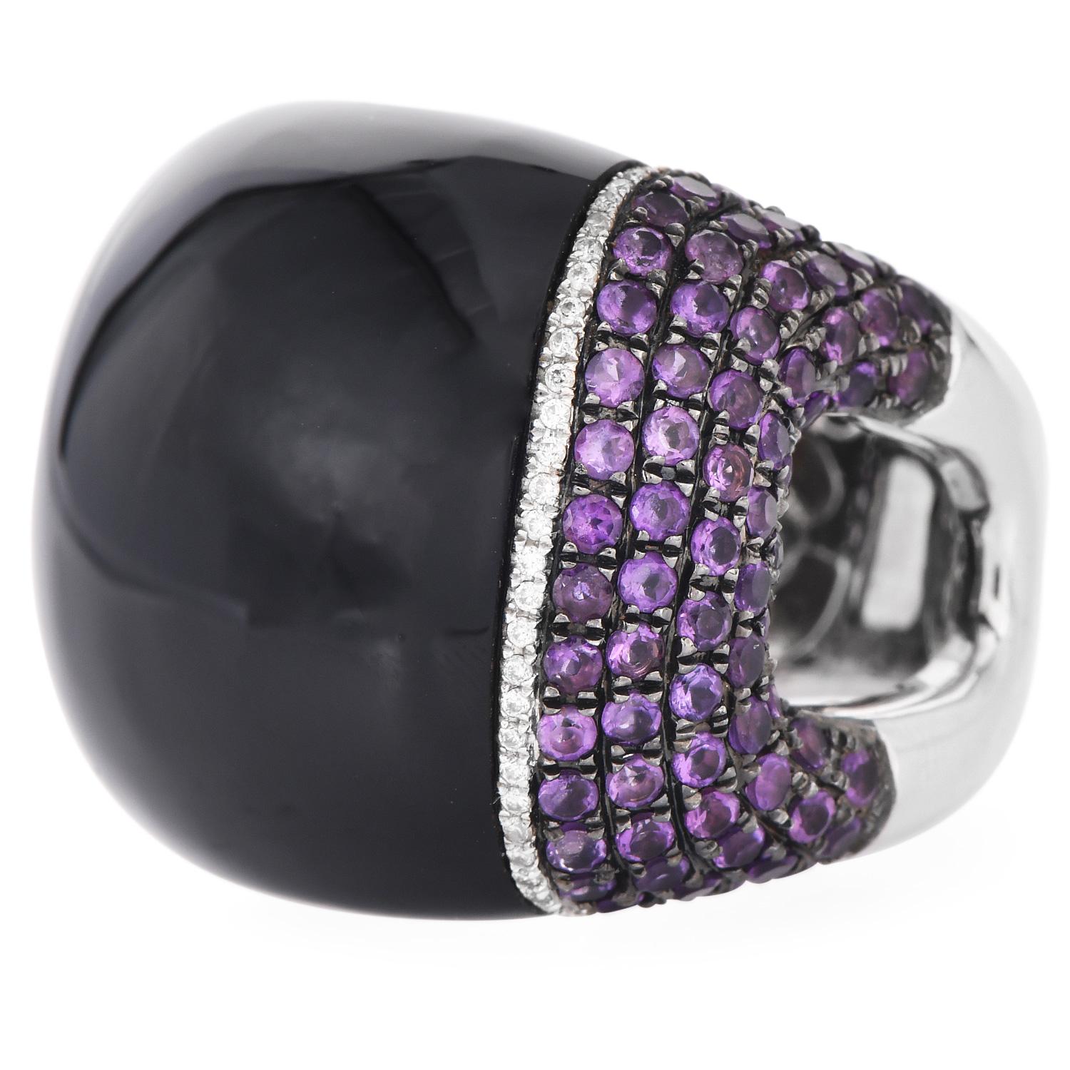 Round Cut Estate Designer Diamond Onyx Amethyst 18k gold Cocktail Ring For Sale