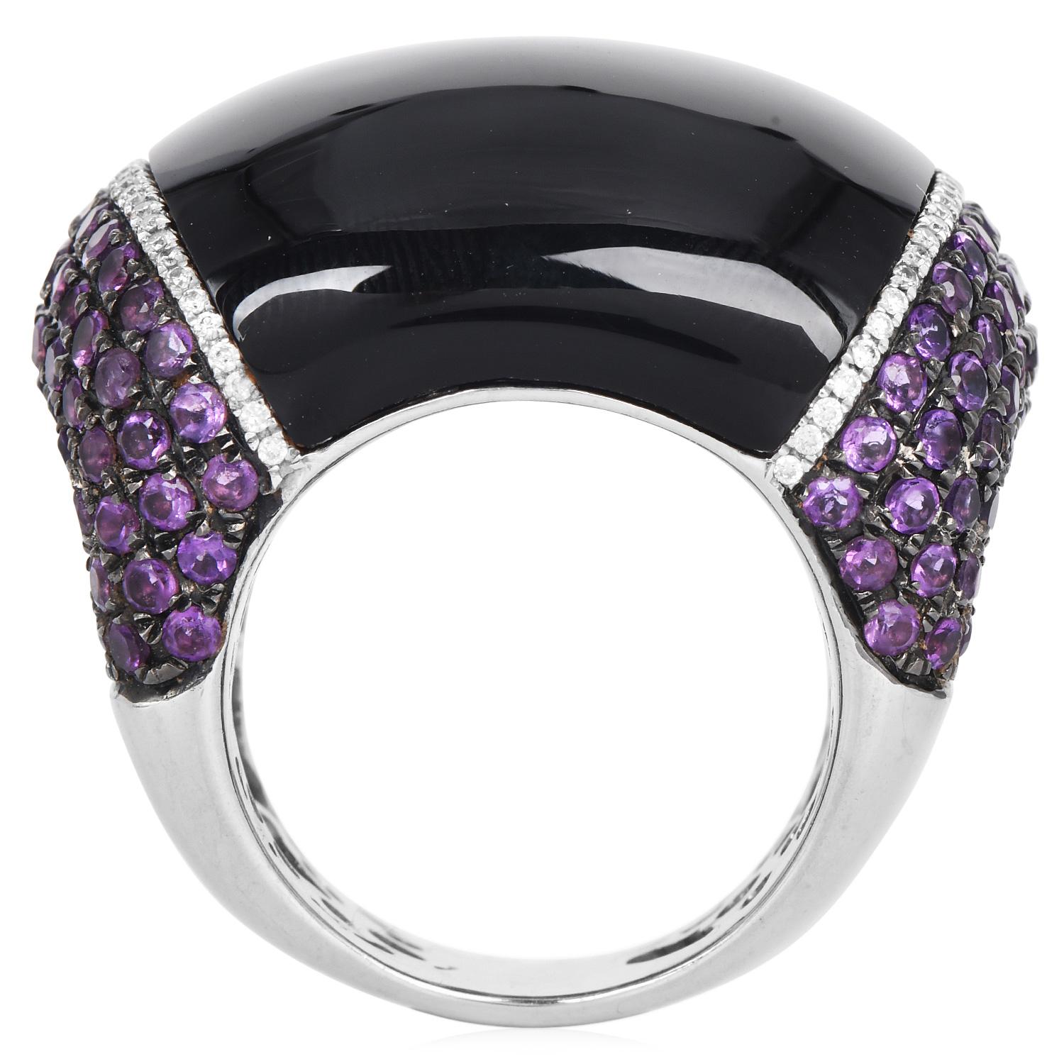 Estate Designer Diamond Onyx Amethyst 18k gold Cocktail Ring In Excellent Condition For Sale In Miami, FL