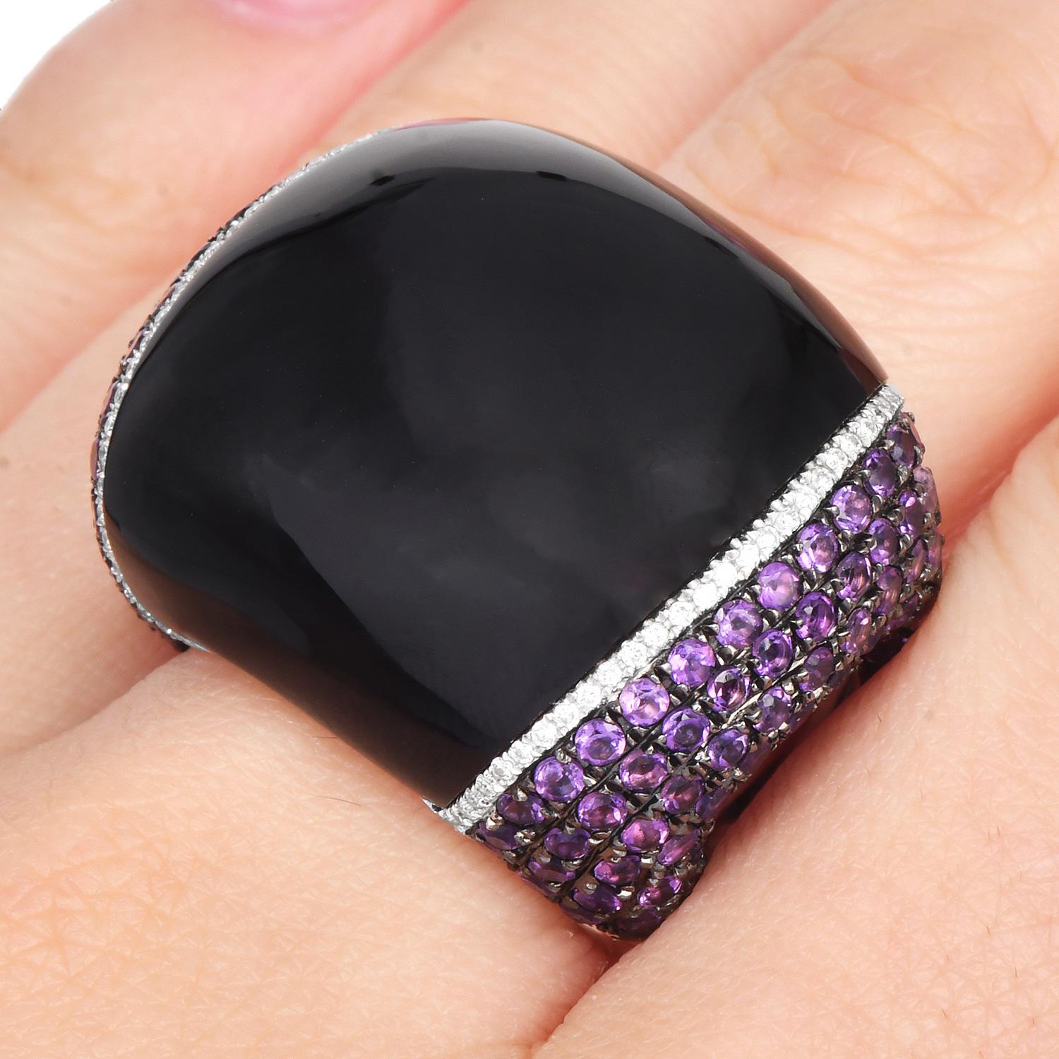 Nachlass Designer Diamant Onyx Amethyst 18k Gold Cocktail-Ring im Angebot 2
