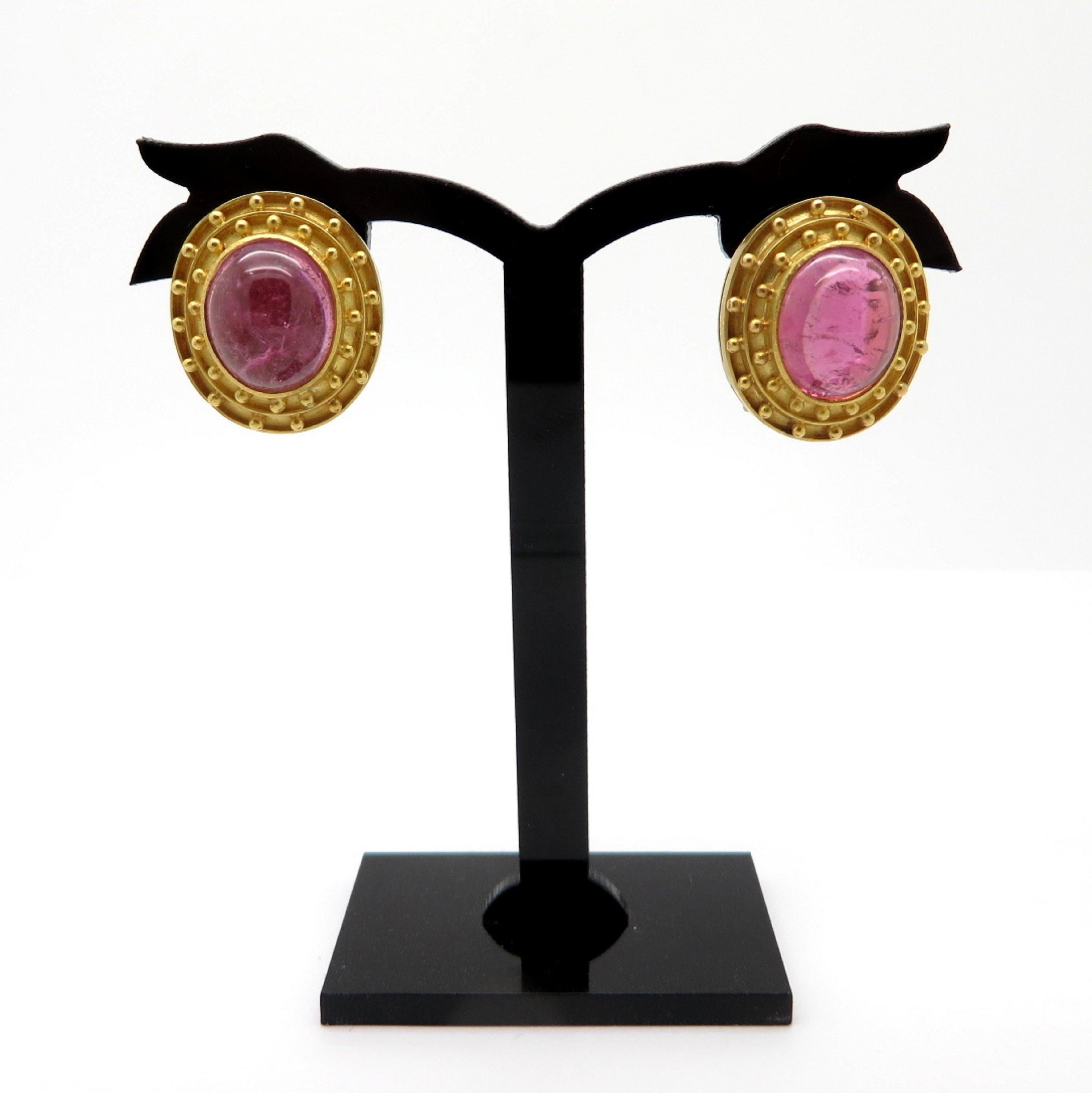 Estate Designer Elizabeth Locke Pink Tourmaline Oval Etruscan Cabochon Earrings 1