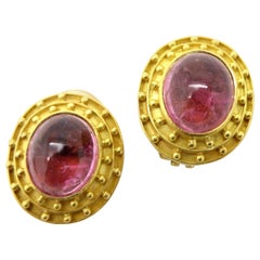 Estate Designer Elizabeth Locke Pink Tourmaline Oval Etruscan Cabochon Earrings