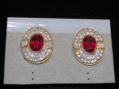 Estate Designer French Style 18KT Overlaid Gold Ruby Color Stone CZ Earrings