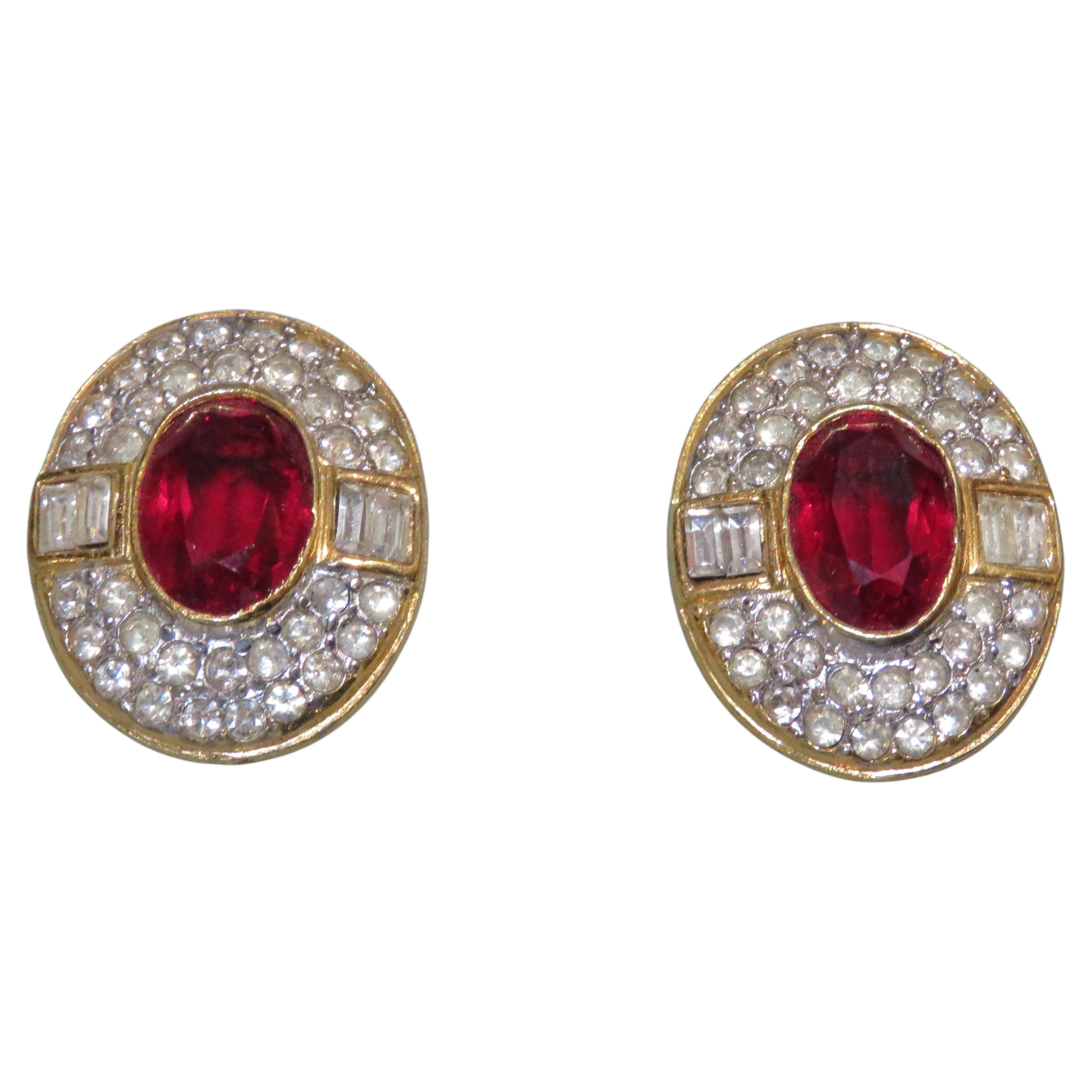 Estate Designer French Style 18KT Overlaid Gold Ruby Color Stone CZ Earrings