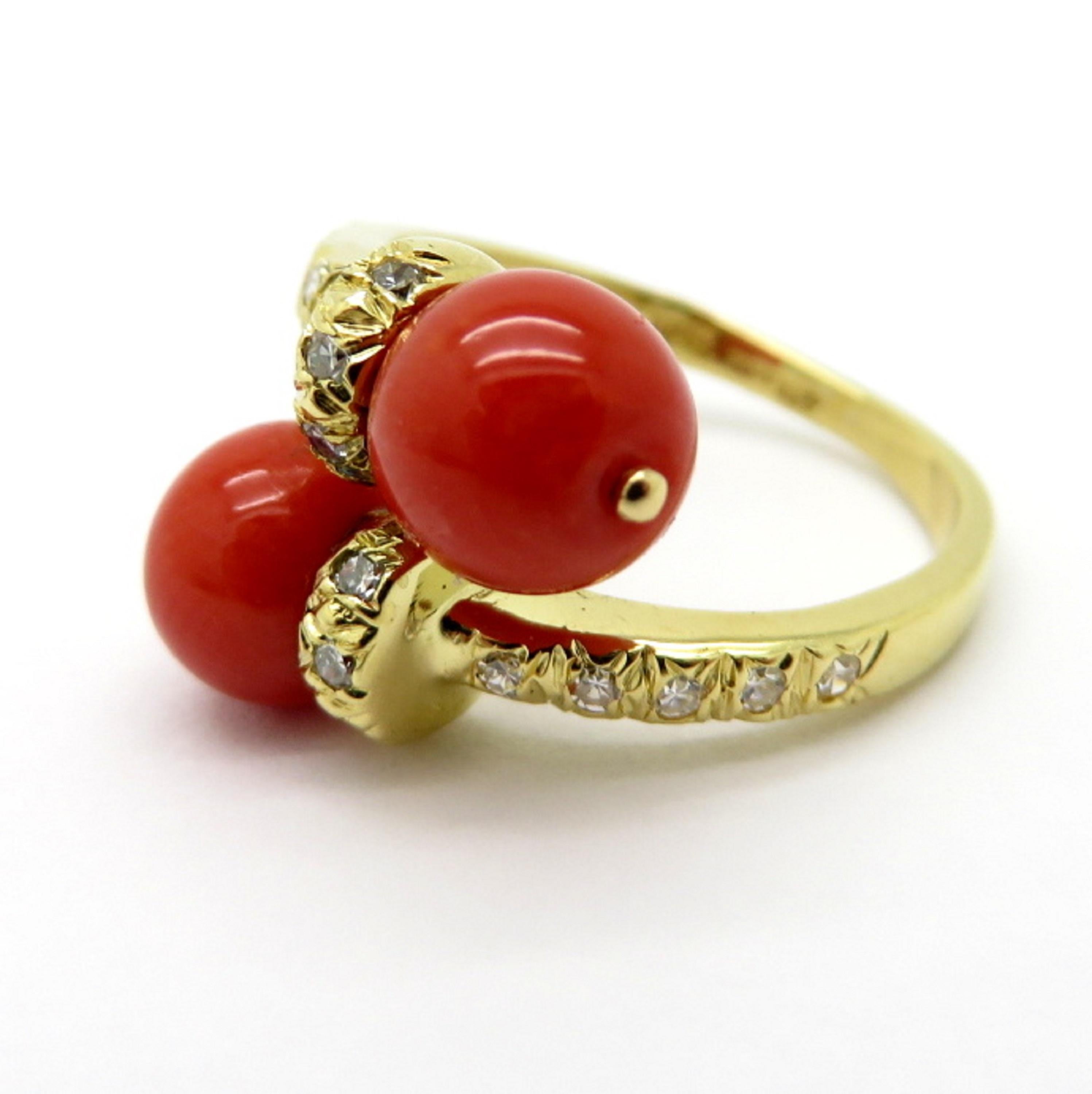 Retro Estate Designer Tiffany & Co. 18 Karat Yellow Gold Coral and Diamond Bypass Ring