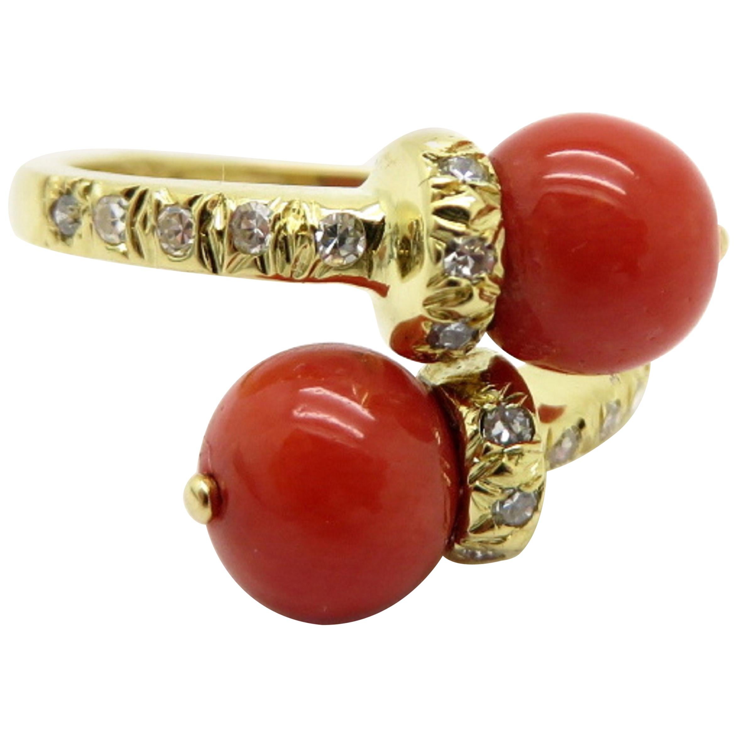 Estate Designer Tiffany & Co. 18 Karat Yellow Gold Coral and Diamond Bypass Ring