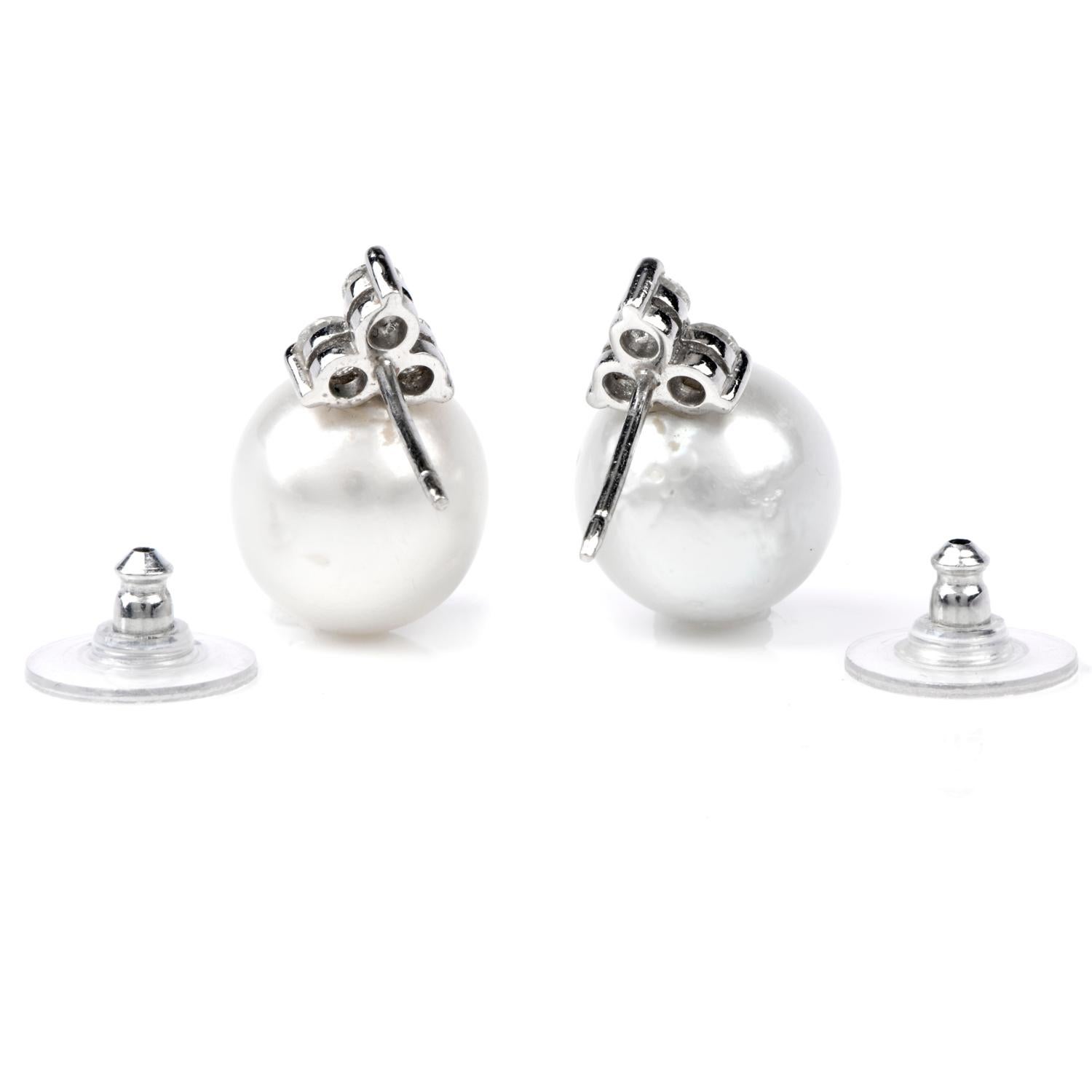 Modern Estate Diamond South Sea White Pearls Stud Gold Earrings