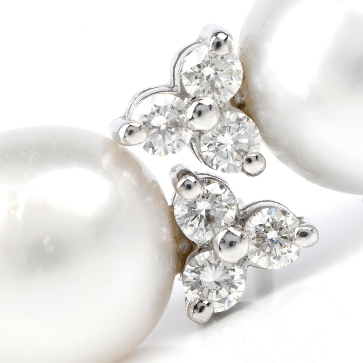 Estate Diamond South Sea White Pearls Stud Gold Earrings In Excellent Condition In Miami, FL