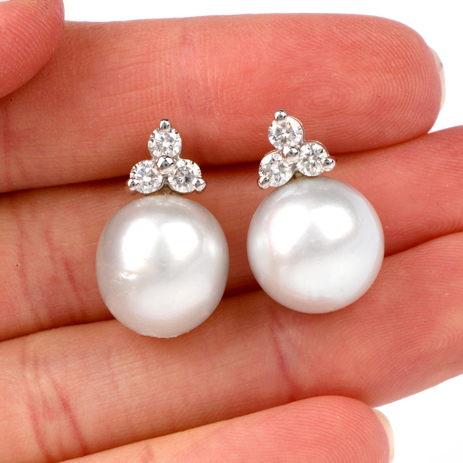 Women's Estate Diamond South Sea White Pearls Stud Gold Earrings