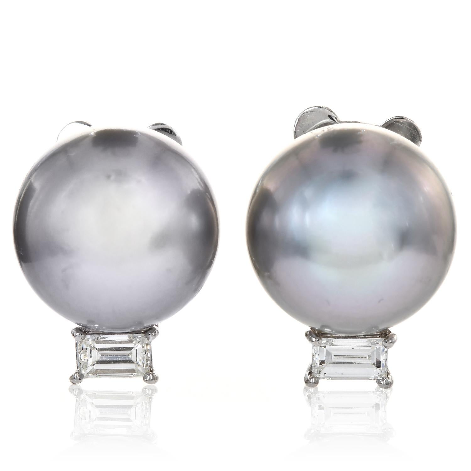 These jumbo genuine South sea earrings are created in platinum gold.

these beautiful gray-color South Sea Pearls High Lusters are very smooth with few minor blemishes, measuring each approx. 14mm in diameter each,

each earring has been topped with