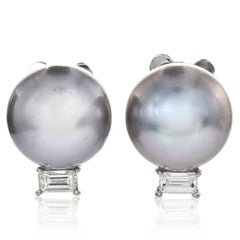 Estate Diamond Gray South Sea Pearl Platinum Clip-On Stud Earrings