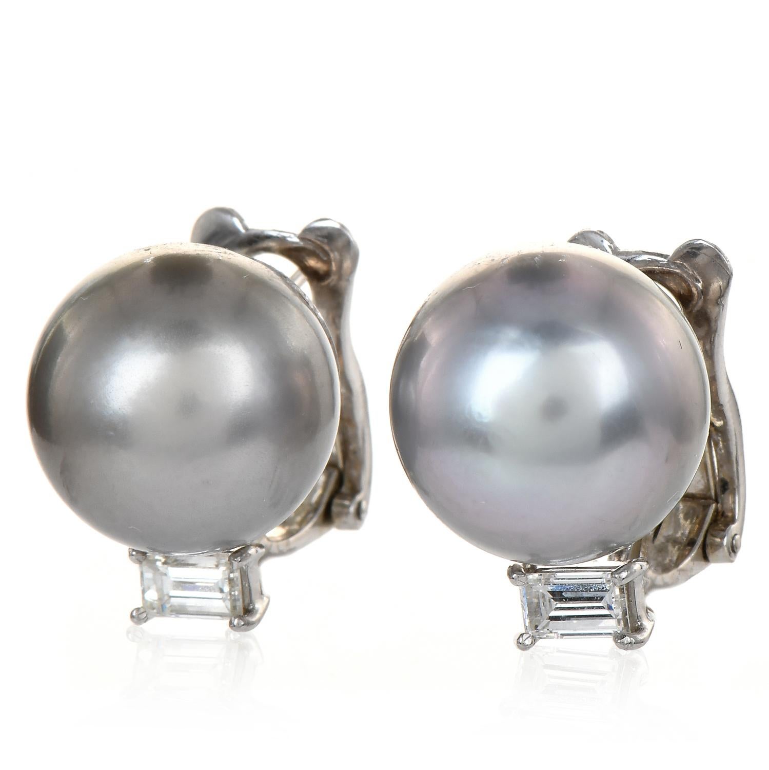 Modern Estate Diamond Gray South Sea Pearl Platinum Clip-On Stud Earrings For Sale