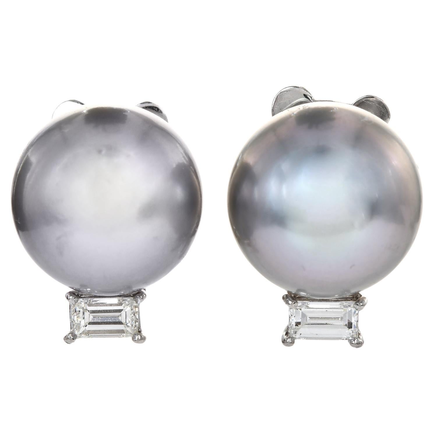 Estate Diamond Gray South Sea Pearl Platinum Clip-On Stud Earrings For Sale