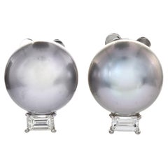 Estate Diamond Gray South Sea Pearl Platinum Clip-On Stud Earrings