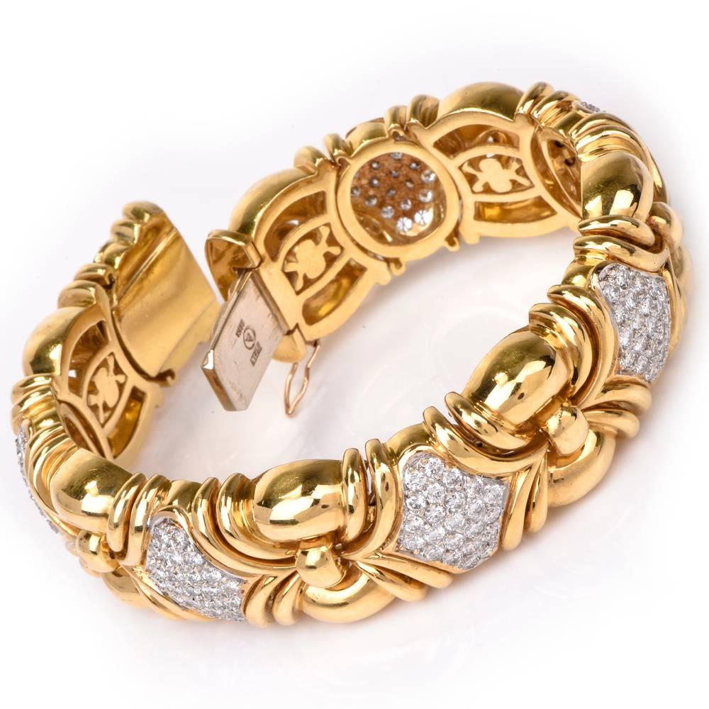 This stylish 1980's Italian diamond bracelet is crafted in solid 18K yellow gold weighing approx. 95.5 grams. The bracelet showcases an exquisite series of links decorated with Round cut genuine Diamonds, all weighing approx: 8.05 carats, H-I color,