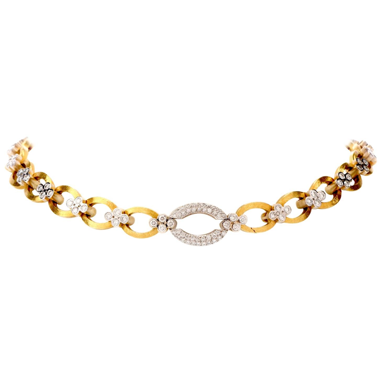 Estate Diamond 18 Karat Yellow Gold Chain Link Cluster Collar Necklace