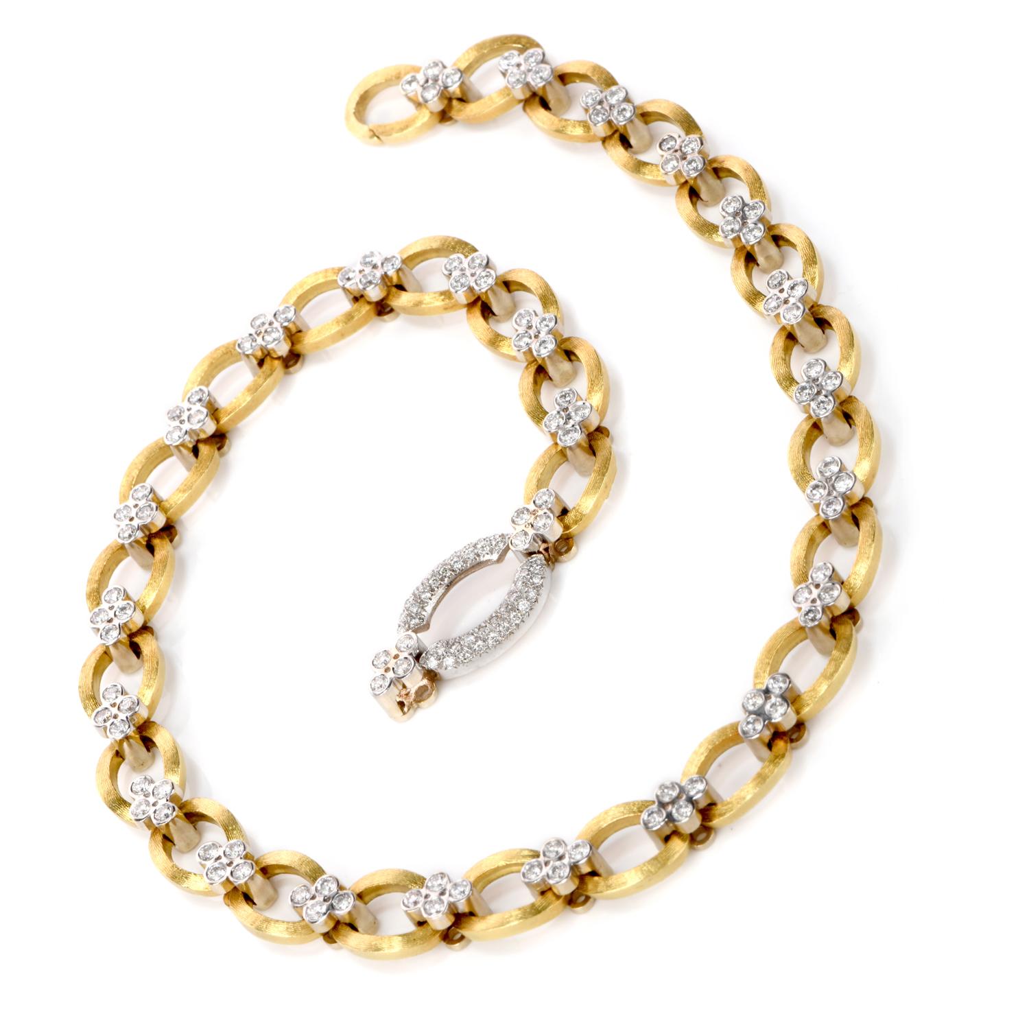 Feel regal in this stunning Estate Diamond 18K Yellow Gold Chain Link Cluster Collar Necklace!  This 18 karat yellow gold necklace has a textured satin finish and weighs an impressive 93.1 Grams.  There are 4 bezel set diamond clusters throughout