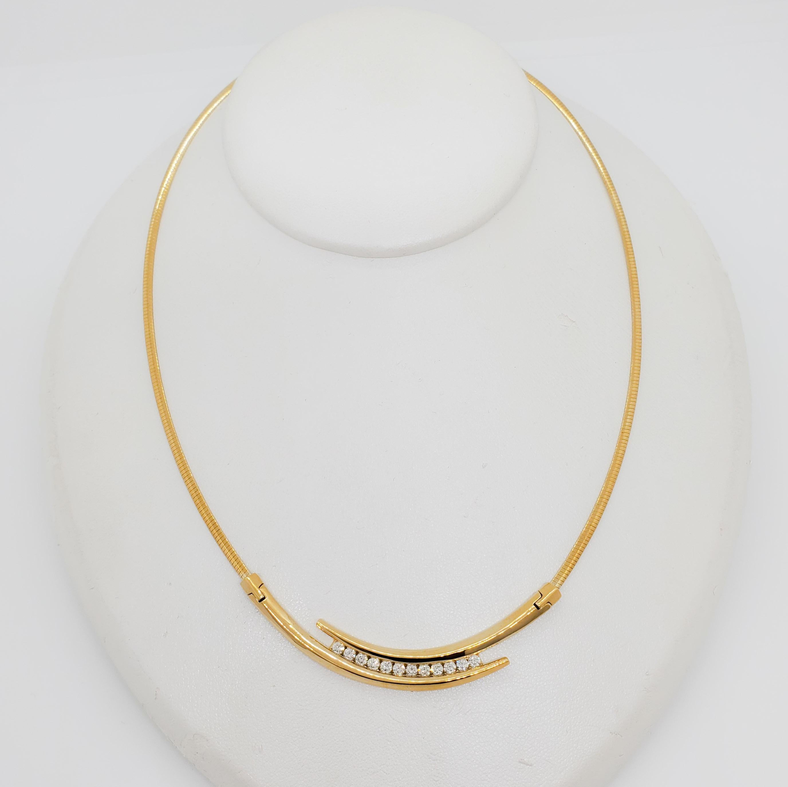 Gorgeous necklace with 0.69 ct. good quality, white, and bright diamond rounds.  Handmade 14k yellow gold mounting.  Length is 15