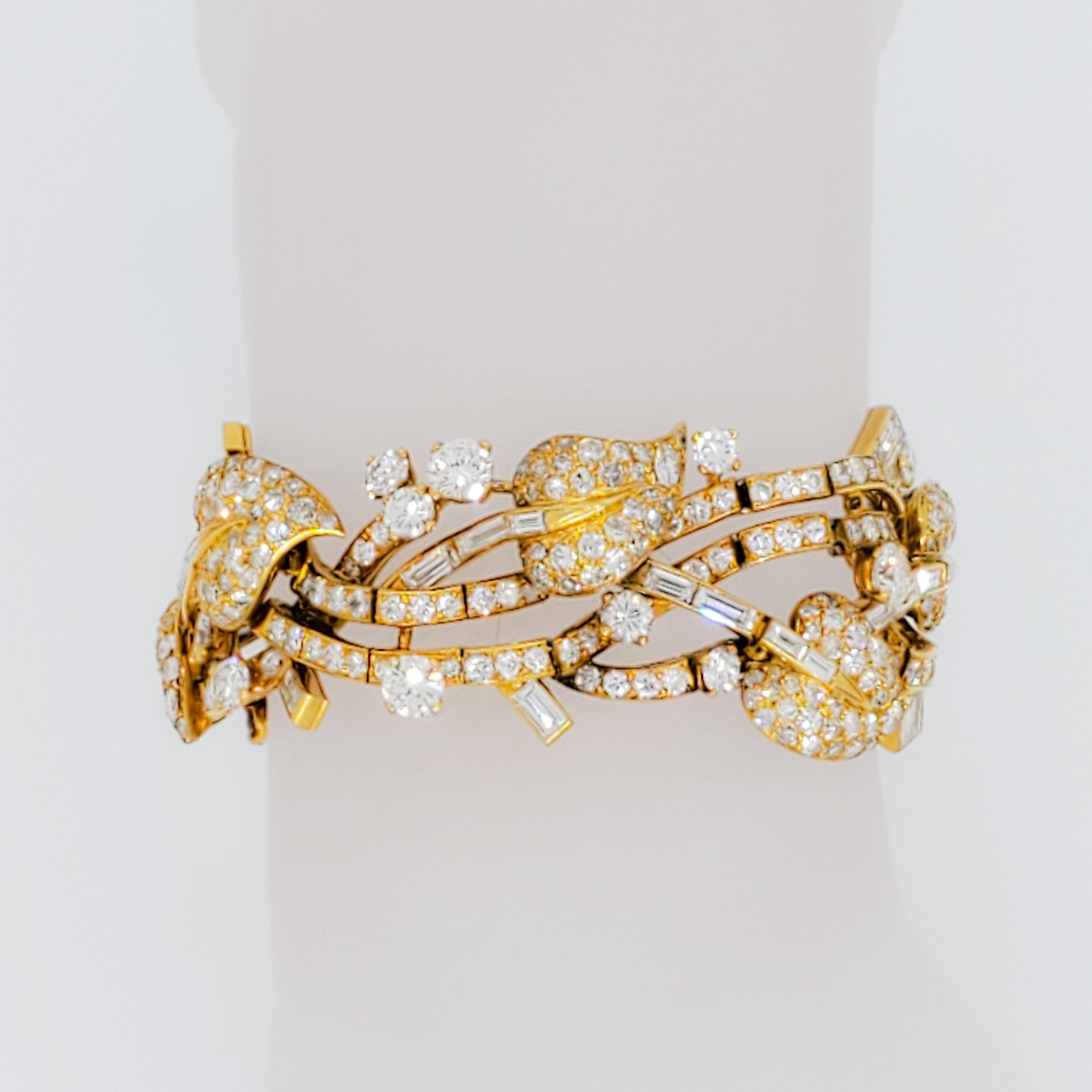Baguette Cut Estate Diamond and 18k Yellow Gold Cuff Bracelet