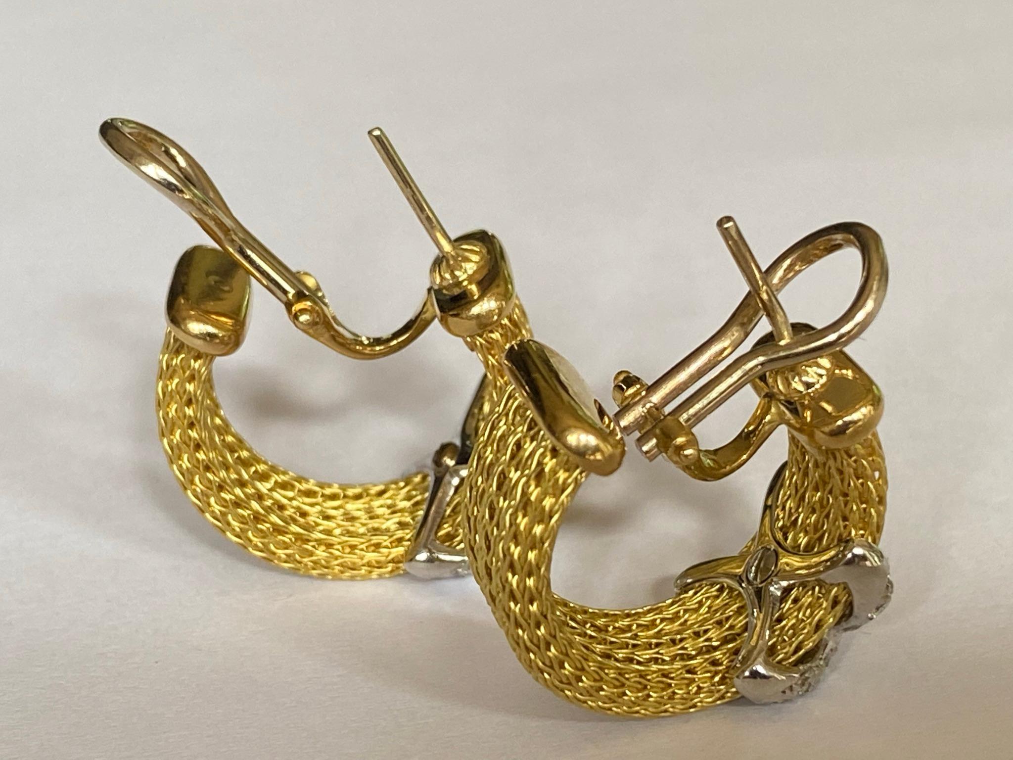 Round Cut Estate Diamond and 18kt Yellow and White Gold Rope Earrings For Sale