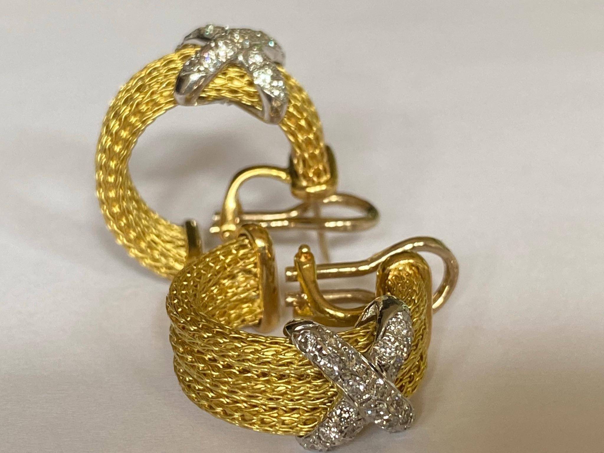 Estate Diamond and 18kt Yellow and White Gold Rope Earrings In Good Condition For Sale In Denver, CO