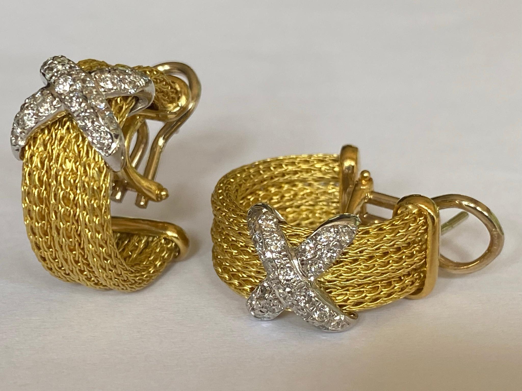 Estate Diamond and 18kt Yellow and White Gold Rope Earrings For Sale 1
