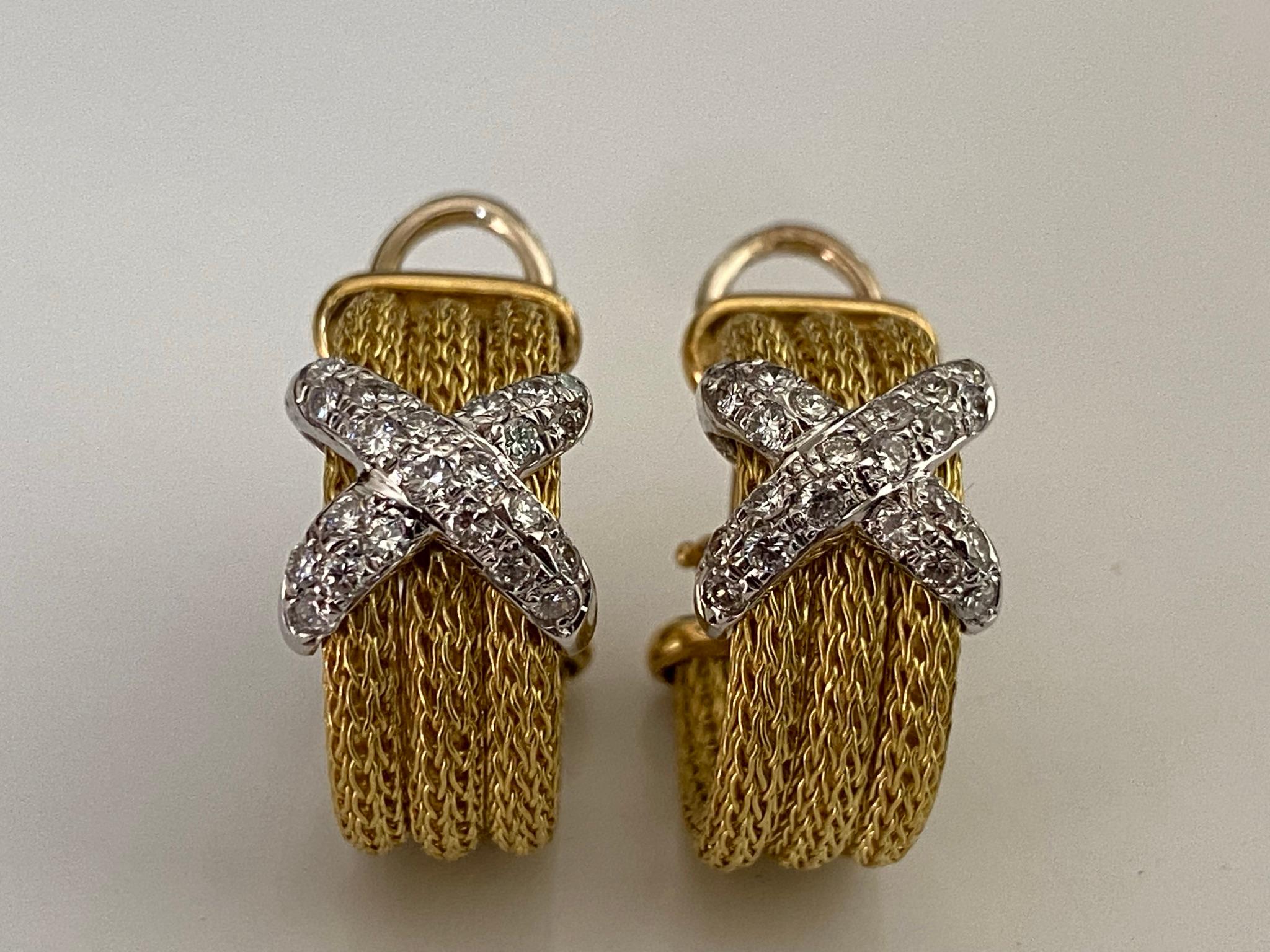 Estate Diamond and 18kt Yellow and White Gold Rope Earrings For Sale 2
