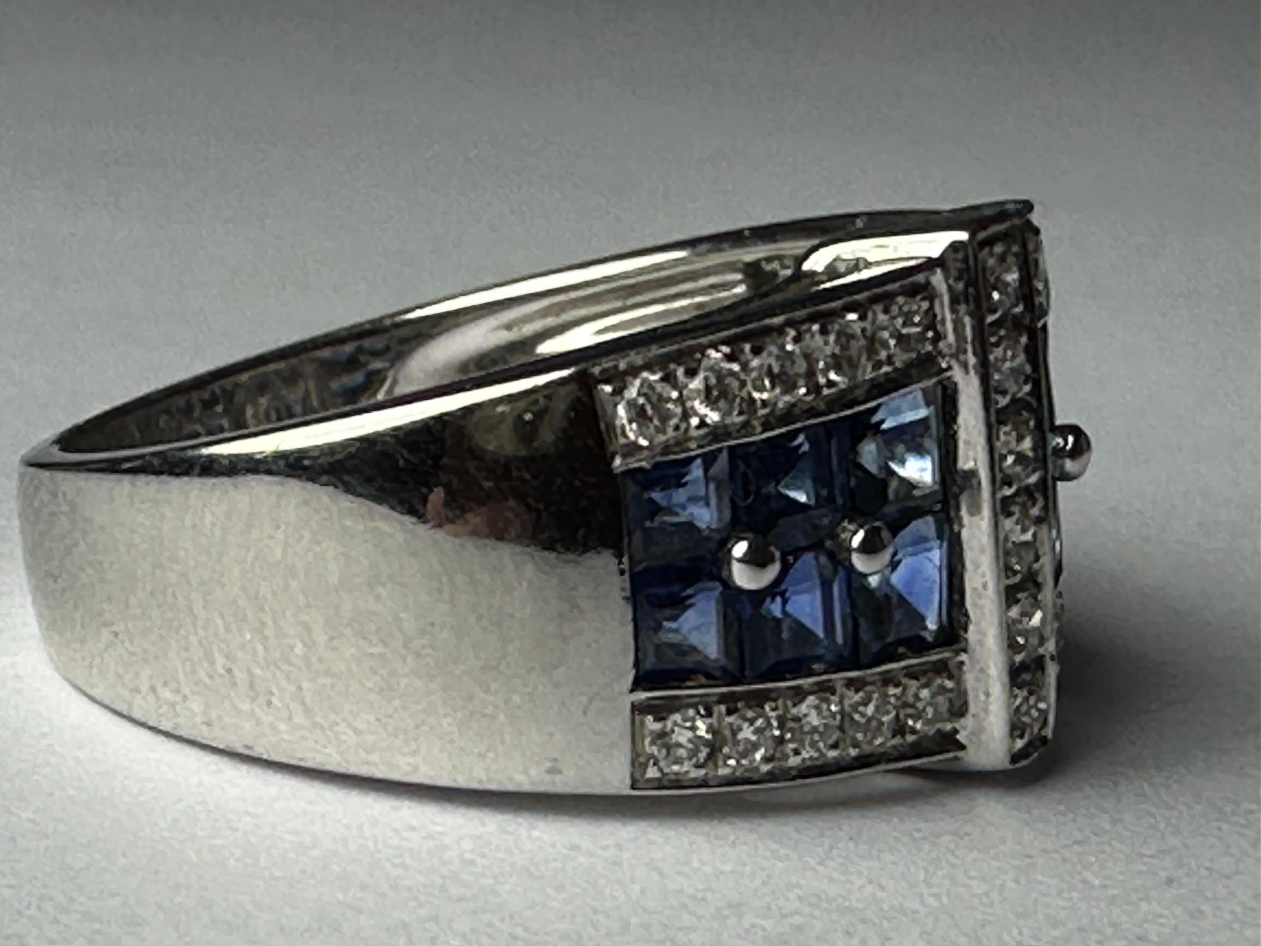 Estate Diamond and Blue Sapphire Buckle Ring  In Good Condition For Sale In Denver, CO