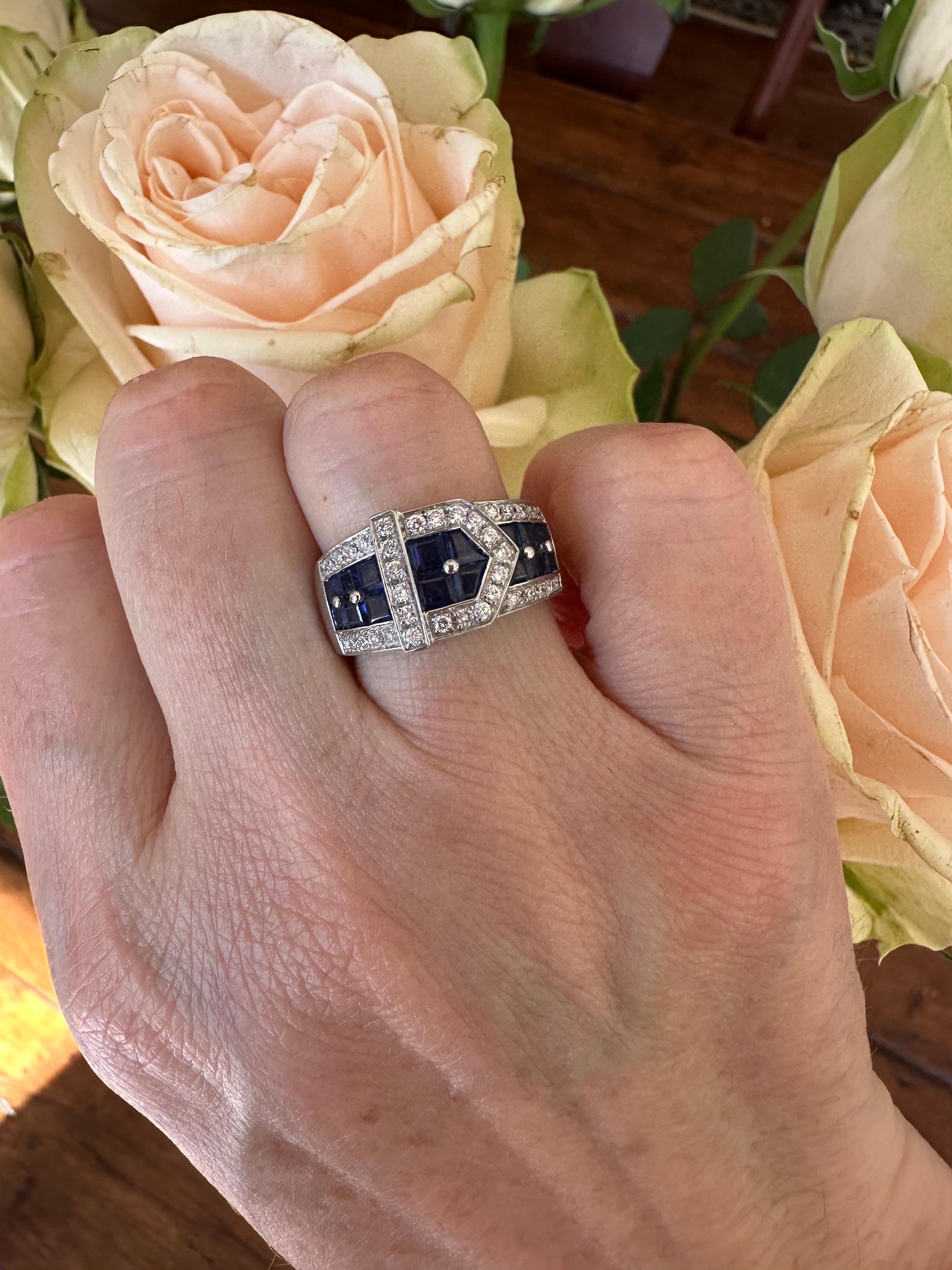 Women's Estate Diamond and Blue Sapphire Buckle Ring  For Sale