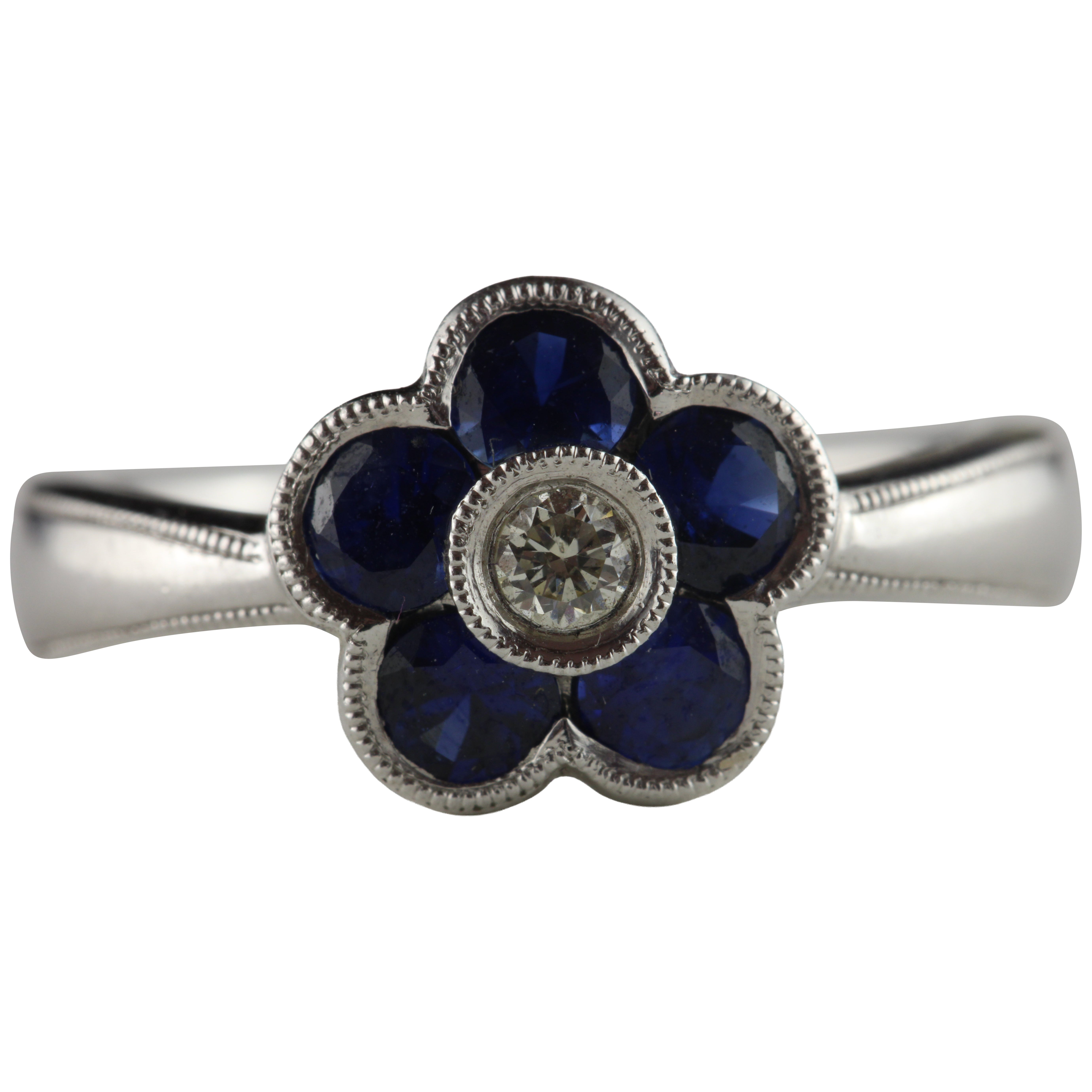 Estate Diamond and Blue Sapphire Floral Cluster Ring