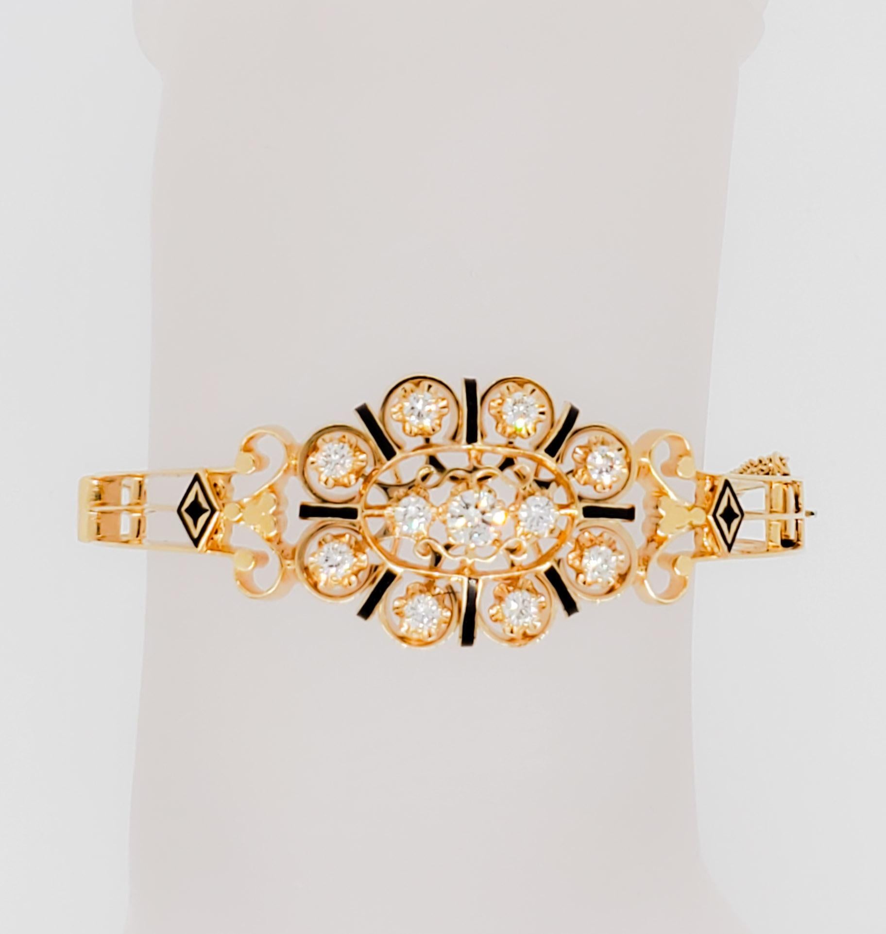 Round Cut Diamond and Enamel Bangle in 14k Yellow Gold For Sale