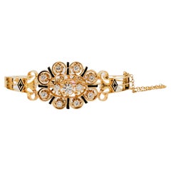 Antique Diamond and Enamel Bangle in 14k Yellow Gold