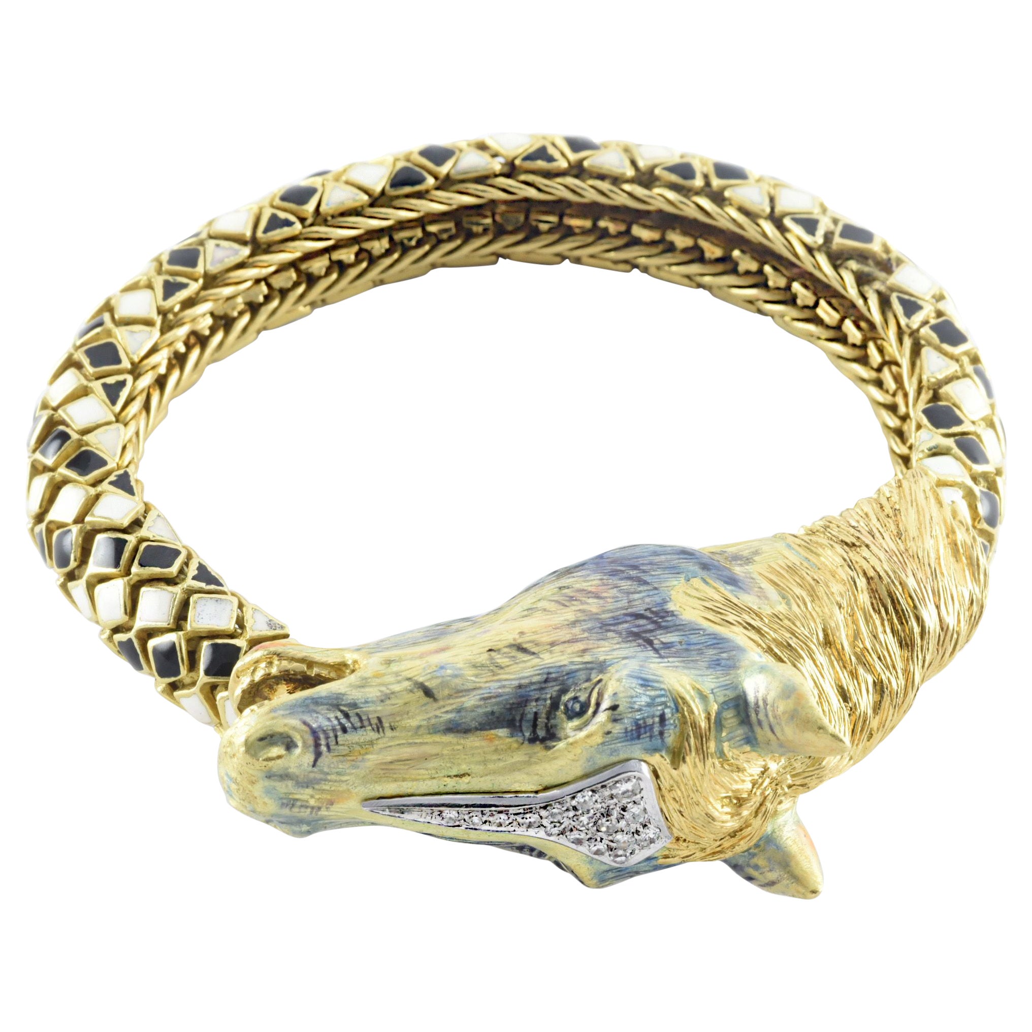 Nachlass Diamant- und Emaille-Pferdekopf-Gliederarmband im Angebot