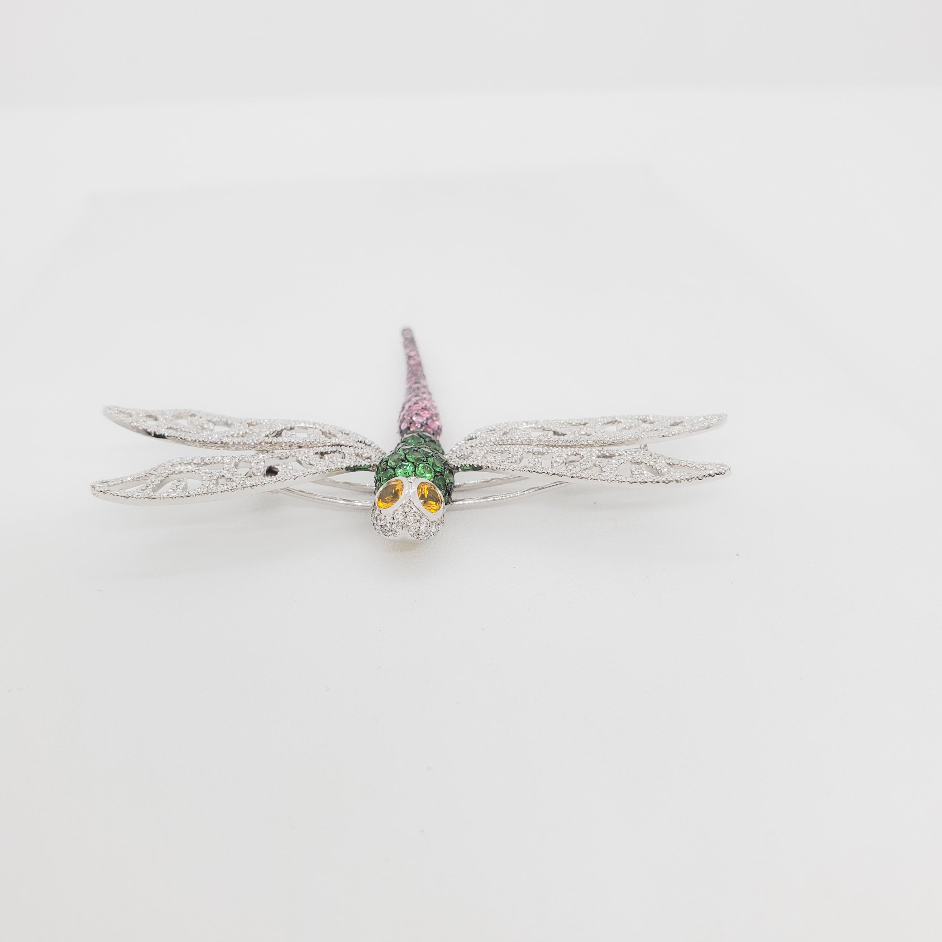 Round Cut Estate Diamond and Gemstone Dragonfly Brooch in 18k White Gold