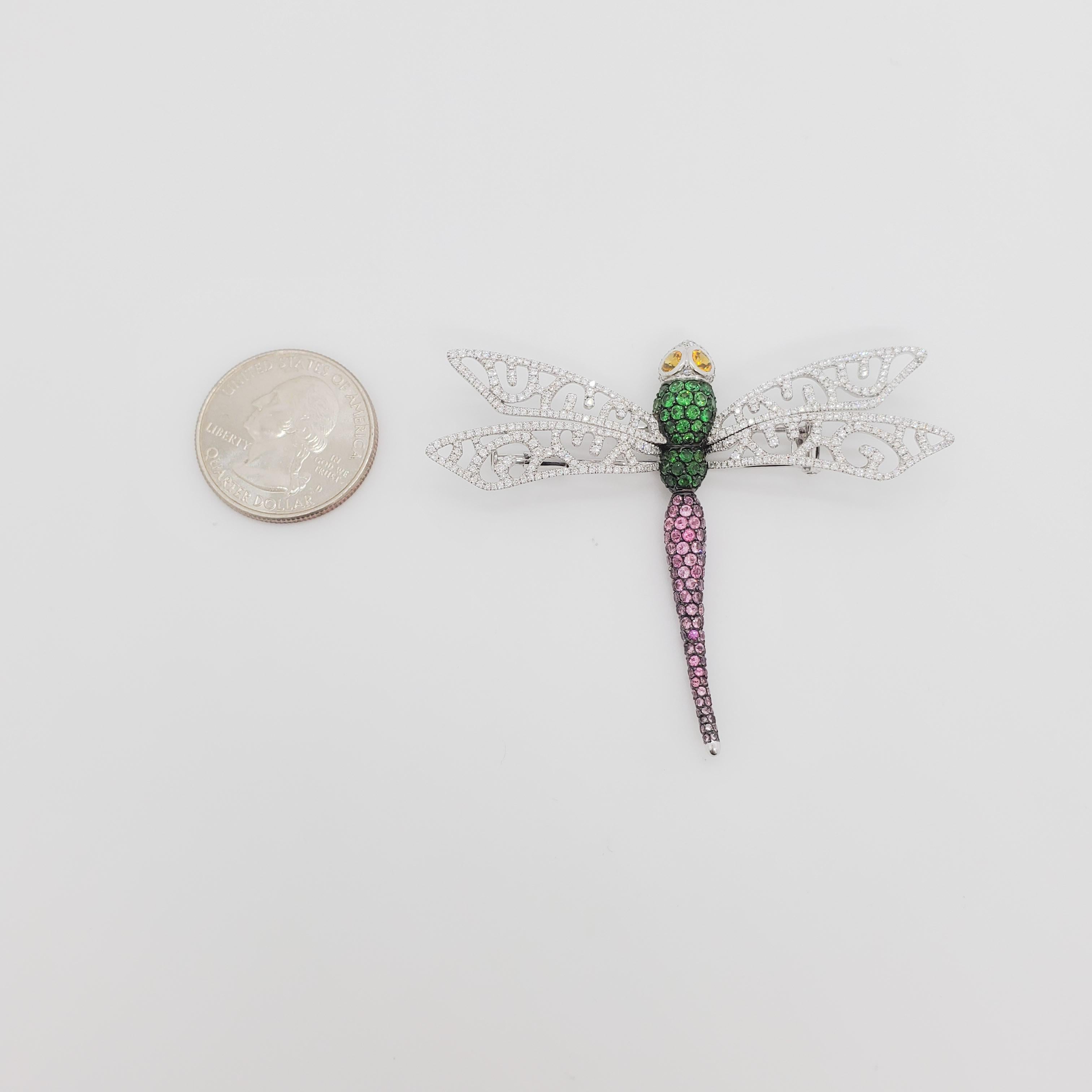Estate Diamond and Gemstone Dragonfly Brooch in 18k White Gold In Excellent Condition In Los Angeles, CA