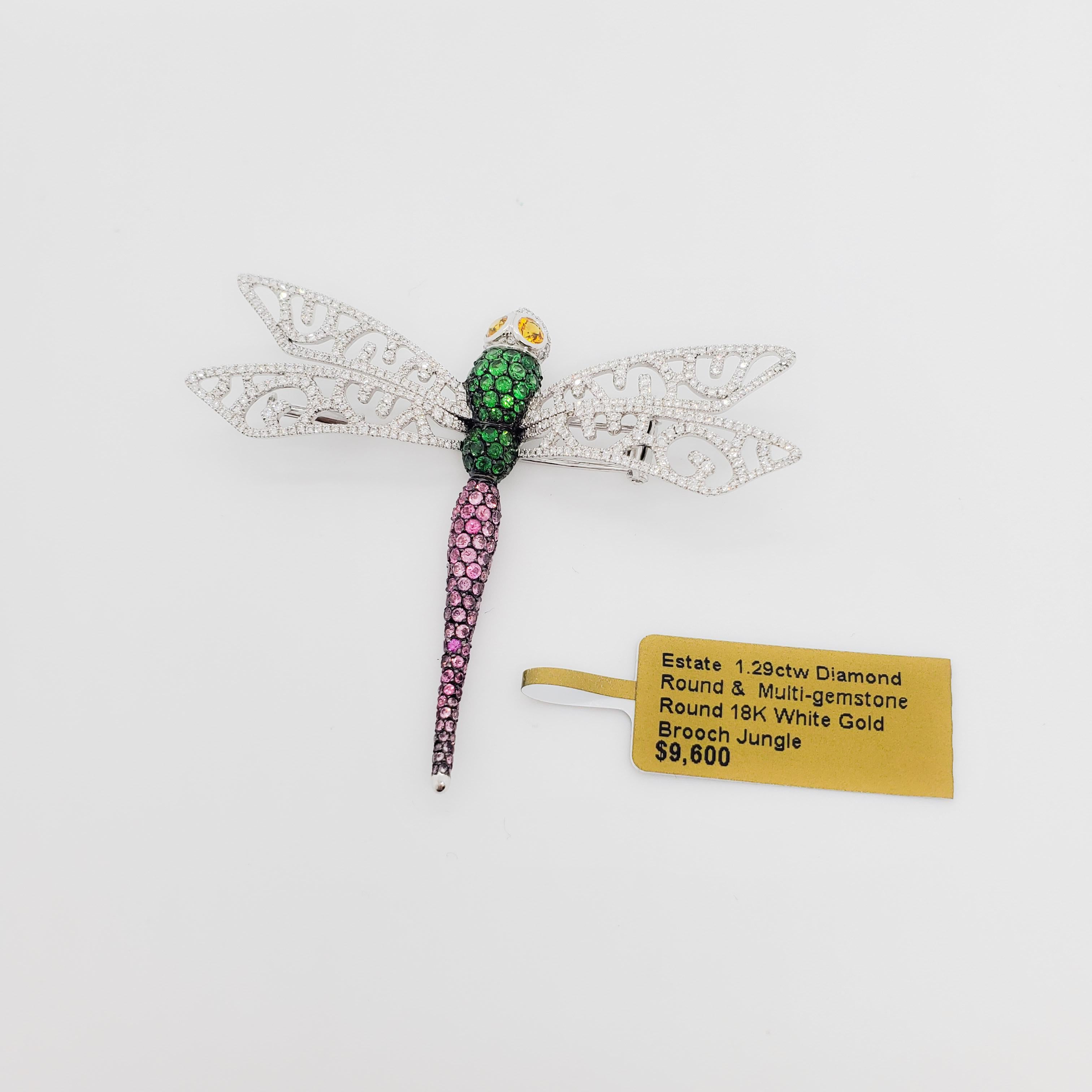 Women's or Men's Estate Diamond and Gemstone Dragonfly Brooch in 18k White Gold